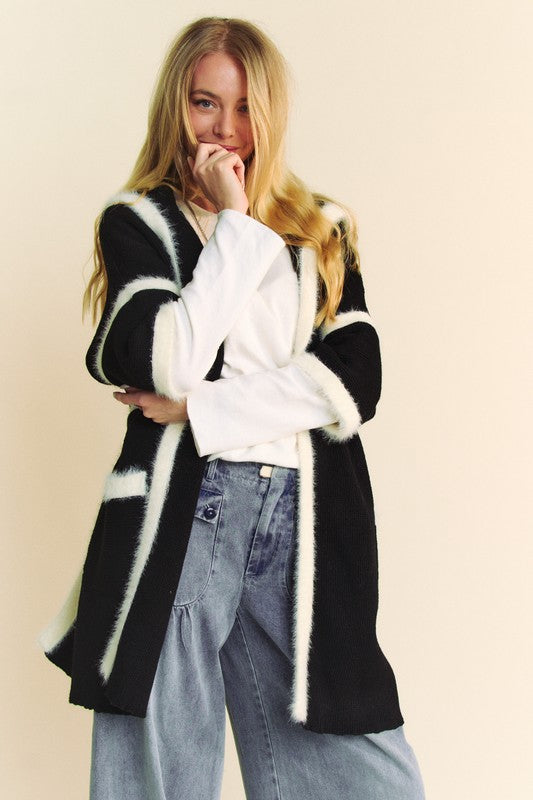 Davi & Dani Women's Fuzzy Trim Open Front Loose Fit Cardigan Sweater - Cozy Winter Loungewear for Home, Office & Casual Outings