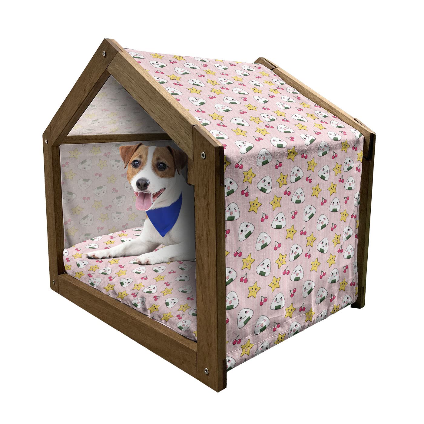 Ambesonne Anime Wooden Pet House - Japanese Rice Balls, Cherries & Stars Cartoon Print - Indoor/Outdoor Portable Dog Kennel with Pillow & Cover - Small Multicolor Pet Bed for Puppies & Small Dogs - Perfect for Home, Yard & Travel Use