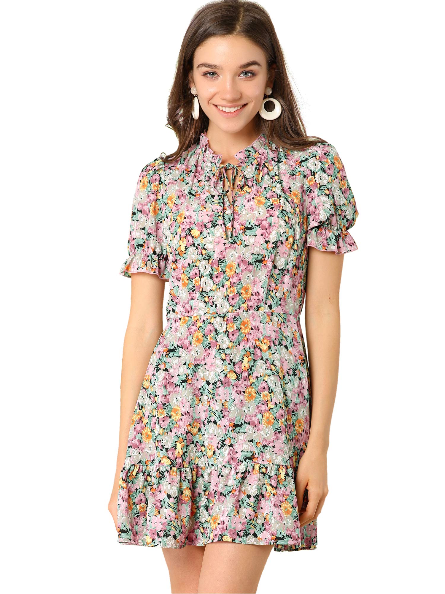 Allegra K Women's Summer Floral Chiffon Dress with Ruffle Tie Neck & Puff Short Sleeves - Perfect for Beach Vacations, Garden Parties & Date Nights