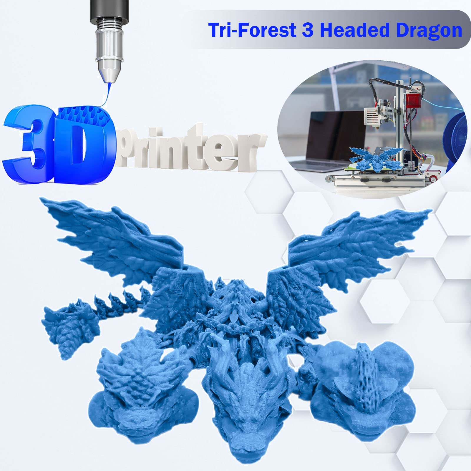 3D Printed Articulated Three-Headed Dragon Toy - Ancient Mythical Beast Monster with Deformable Joints, Anti-Anxiety Action Figure for Collectors (Sky Blue, 15.7 Inches) - Perfect for Home Decor, Fantasy Collections, and Stress Relief