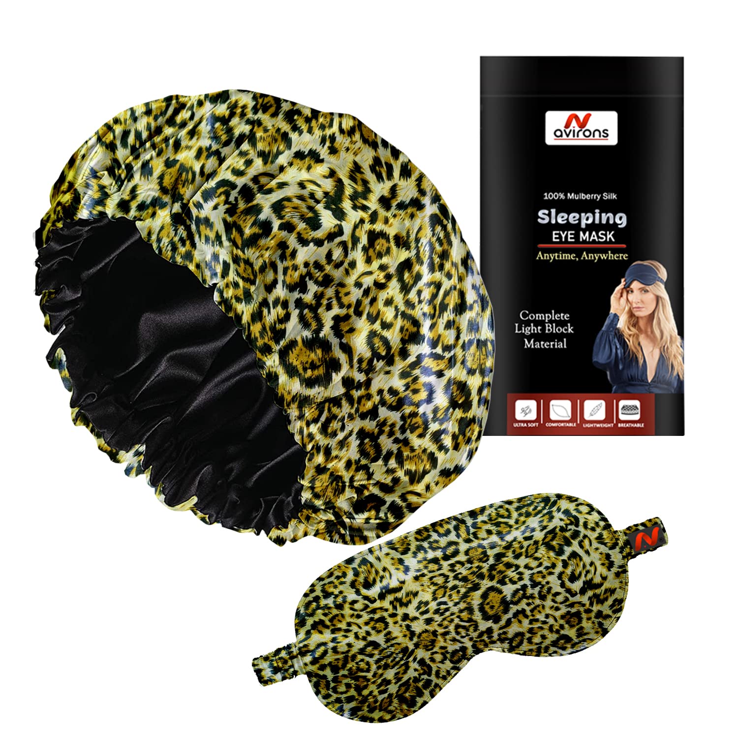 Avirons Satin Silk Hair Bonnet & Sleep Mask Set - Adjustable Double Layer Pure Satin Hair Wrap Cap for Nighttime Hair Protection - Perfect for Sleeping, Travel & Home Hair Care