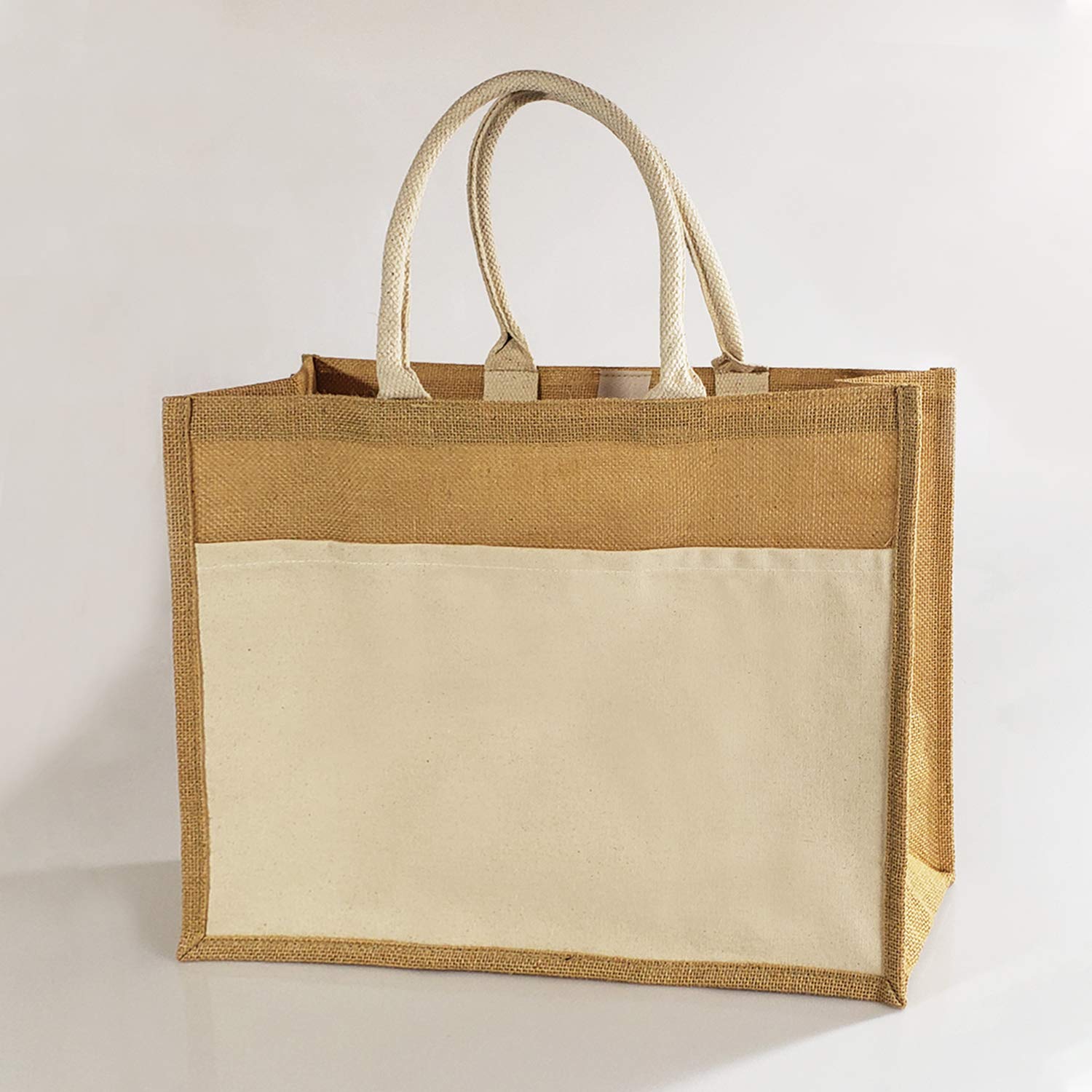 Eco-Friendly Heavy Duty Reusable Jute Burlap Tote Bag with Front Canvas Pocket - Large Shopping Bag for Groceries, Beach, Farmers Market & DIY Crafts | Sustainable Natural Fiber Gift Bag