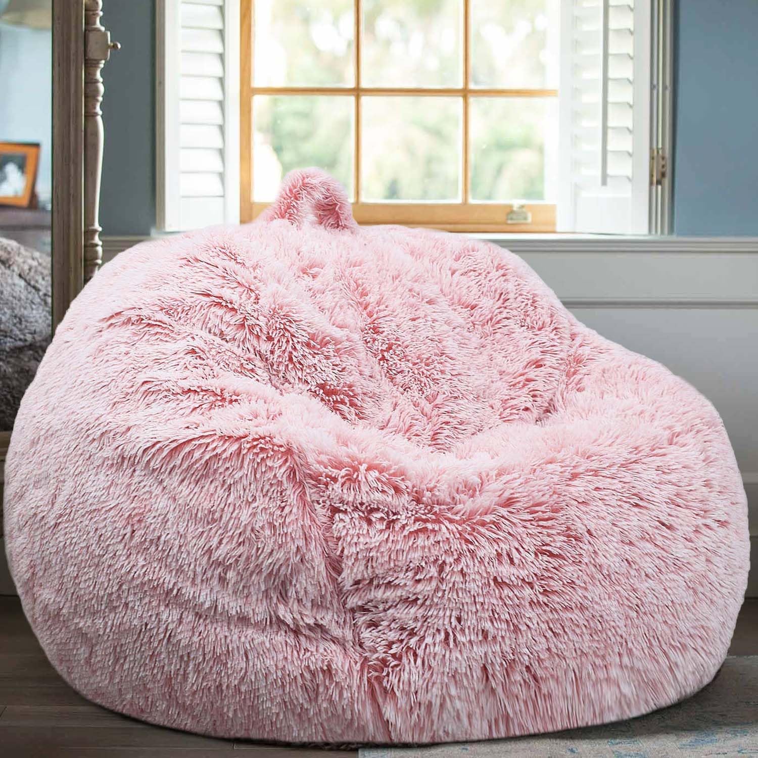 Fluffy Faux Fur Stuffed Animal Storage Bean Bag Chair Cover (No Filler Included) - Dusty Pink Plush Toy Organizer for Kids, Teens & Adults - Perfect for Nursery, Playroom or Dorm Room Decor