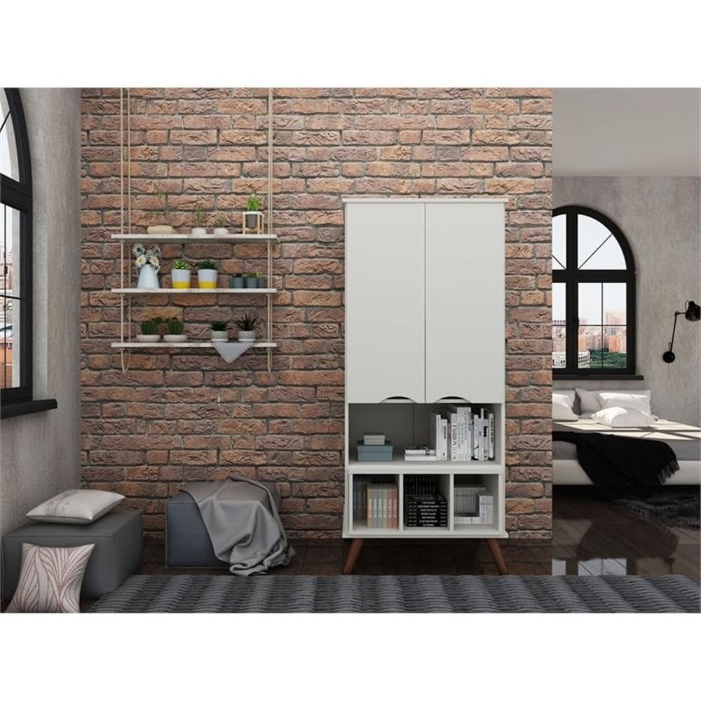 Manhattan Comfort Hampton 26.77-Inch Display Cabinet with 6 Adjustable Shelves & Solid Wood Legs in Off White - Perfect for Living Room, Dining Room, or Office Storage & Display