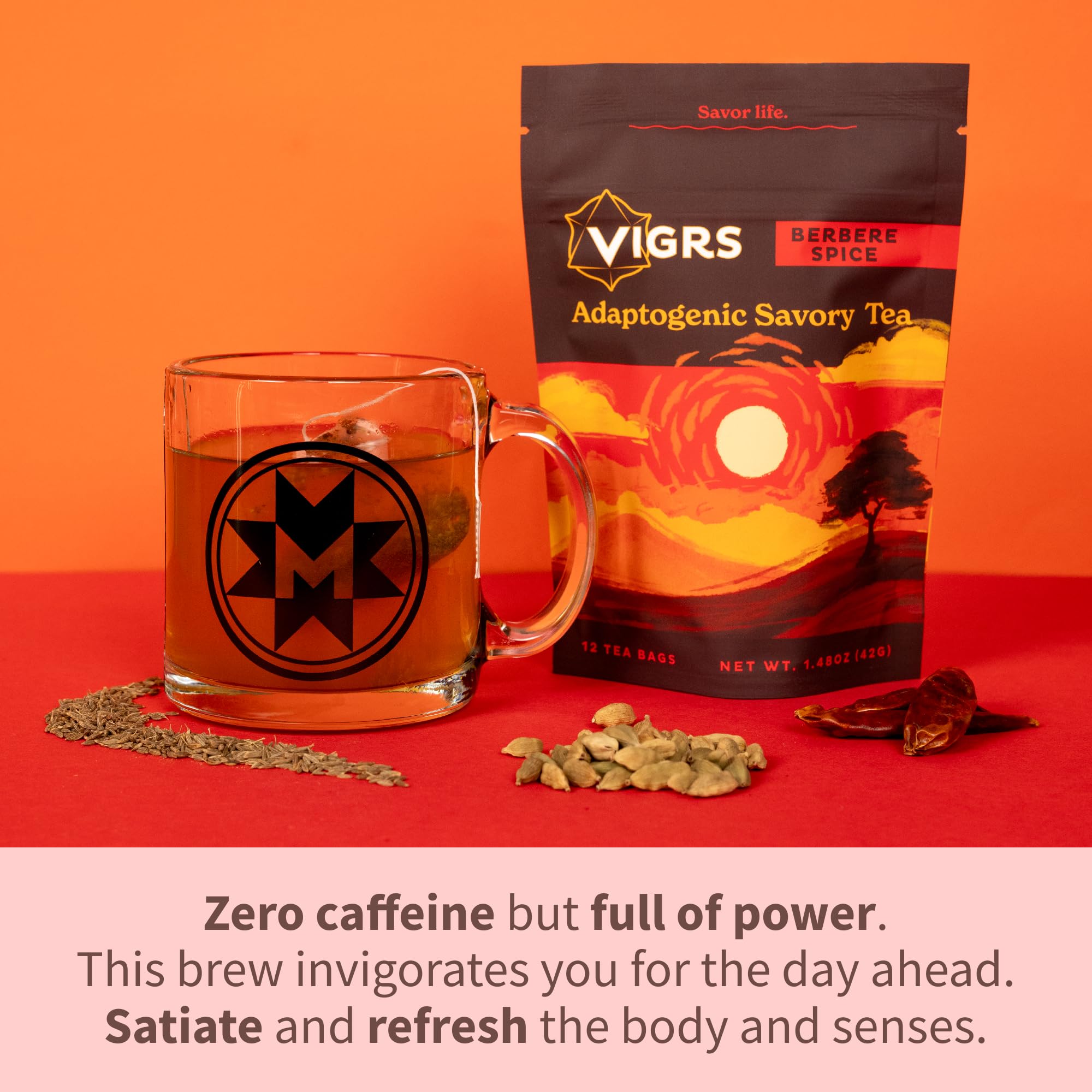 Vigrs Adaptogenic Herbal Sipping Broth Sachets - Berbere Spiced Indian Flavor, Vegan, Keto, Gluten Free, 12 Pack | Perfect for Intermittent Fasting, Wellness Rituals & Savory Tea Time