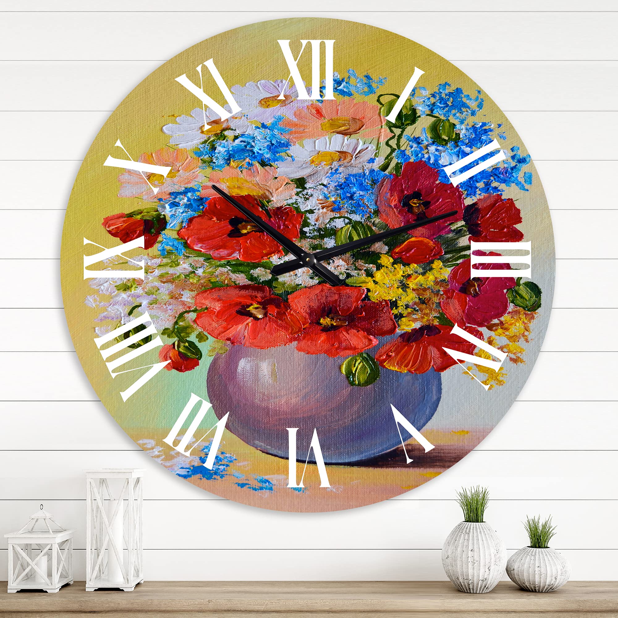 DesignQ Traditional Wall Clock - Still Life Floral Art with Red & Blue Flowers - Large Decorative Clock for Bedroom, Living Room & Office - Perfect Home Decor Gift