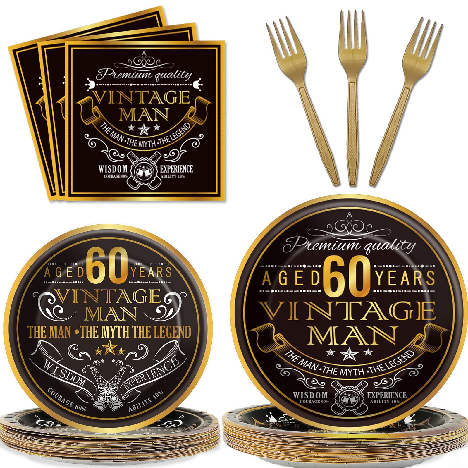 Wiooffen 96-Piece Vintage 60th Birthday Party Tableware Set - 1965 Theme Decorations (Plates, Napkins, Forks for 24 Guests) - Perfect for Milestone Celebrations, Retirement Parties & Golden Anniversary Events