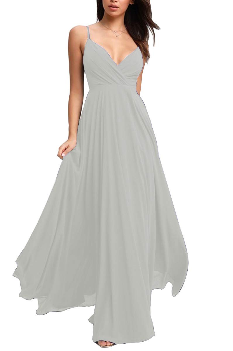 Elegant A-Line Chiffon Bridesmaid Dress with Spaghetti Straps & V-Neck - Formal Wedding Guest Gown in Grey (Size 6) - Perfect for Bridal Parties, Formal Events & Evening Occasions