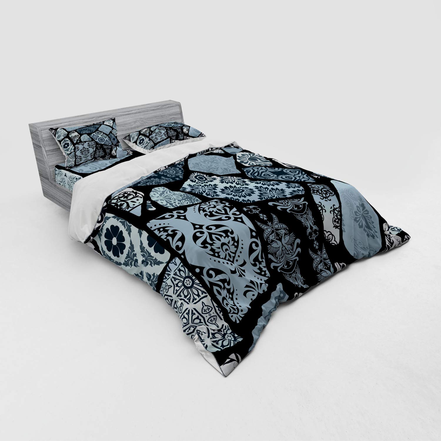 Ambesonne Floral Bedding Set 4-Piece Queen - Modern Geometric Print Duvet Cover with Pillow Shams & Fitted Sheet in Blue Grey Black White - Bohemian Chic Bedroom Decor for Guest Rooms & Master Suites