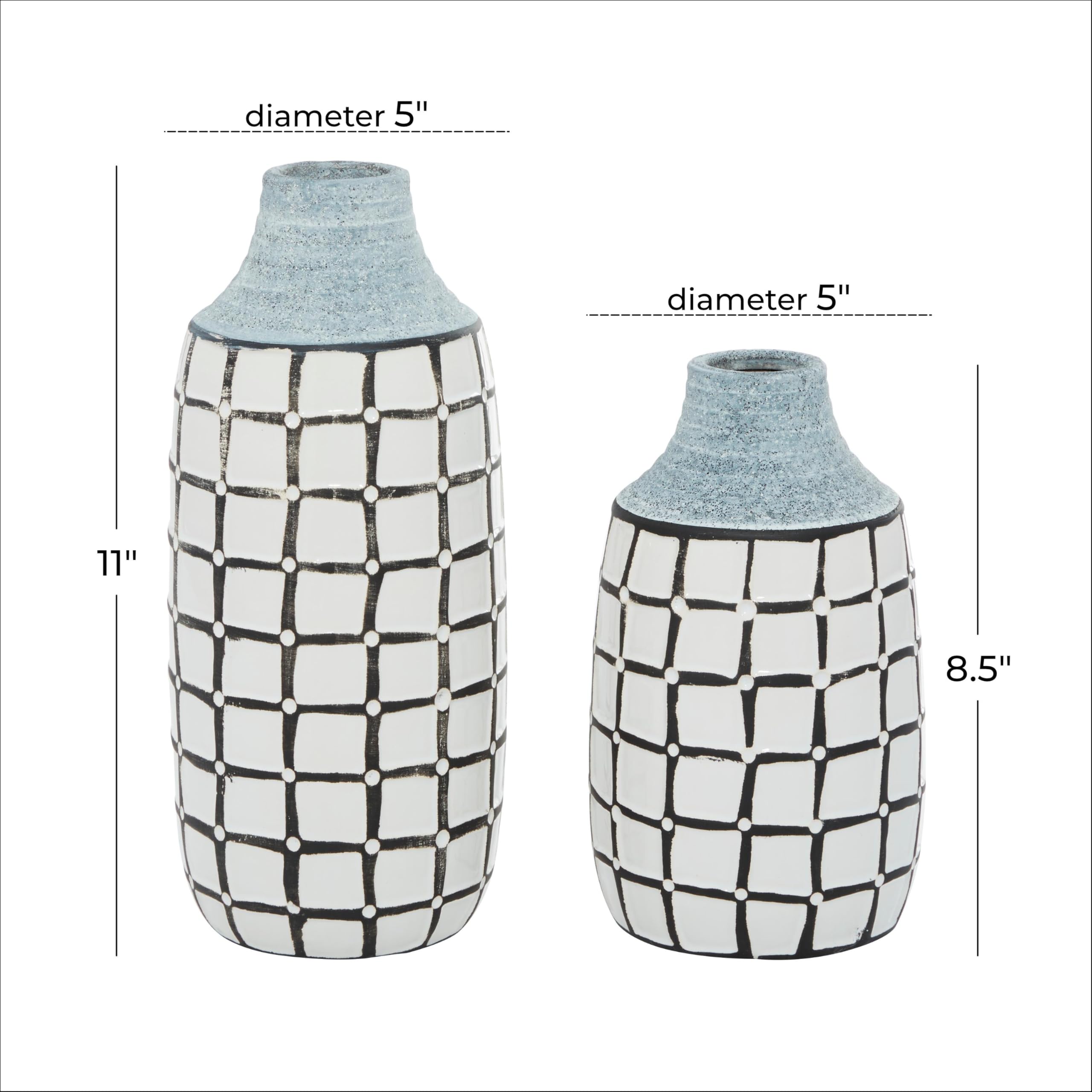 Deco 79 Handmade Ceramic Vase Set of 2 - White Grid Pattern Decorative Centerpiece for Flowers, 11