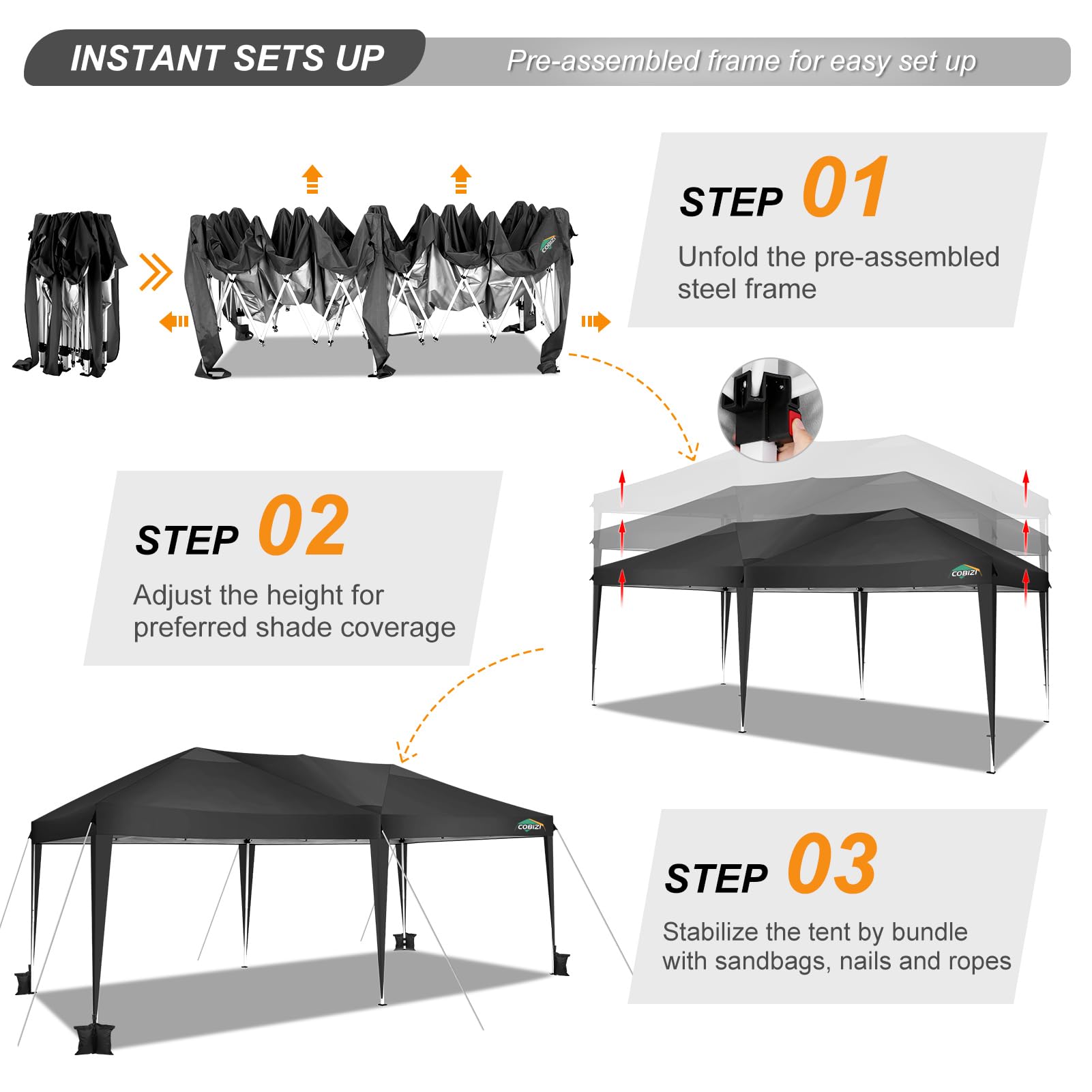 COBIZI 10x20ft Pop Up Canopy Tent - Waterproof Instant Shelter for Outdoor Events, Weddings, Parties & Commercial Use | Portable Gazebo for Backyard, Camping & Car Protection | Easy Setup Commercial Canopy