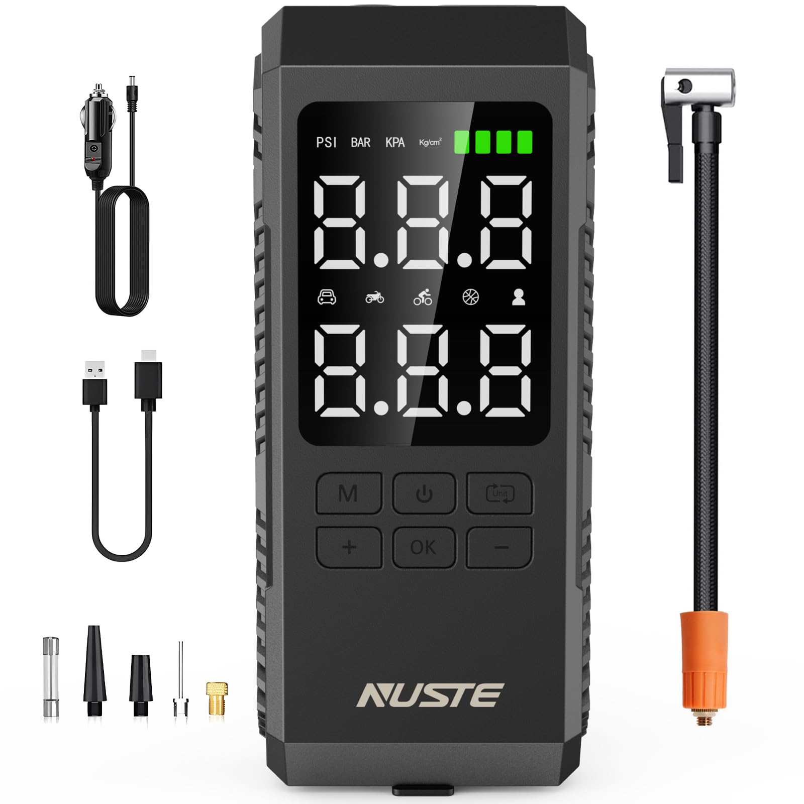 NUSTE Portable Air Compressor for Car Tires - 150PSI Cordless Tire Inflator with Digital Pressure Gauge, Rechargeable Battery & LED Light - Perfect for Cars, Motorcycles, Bicycles - Ideal for Road Trips, Emergency Tire Inflation & Home Garage Use
