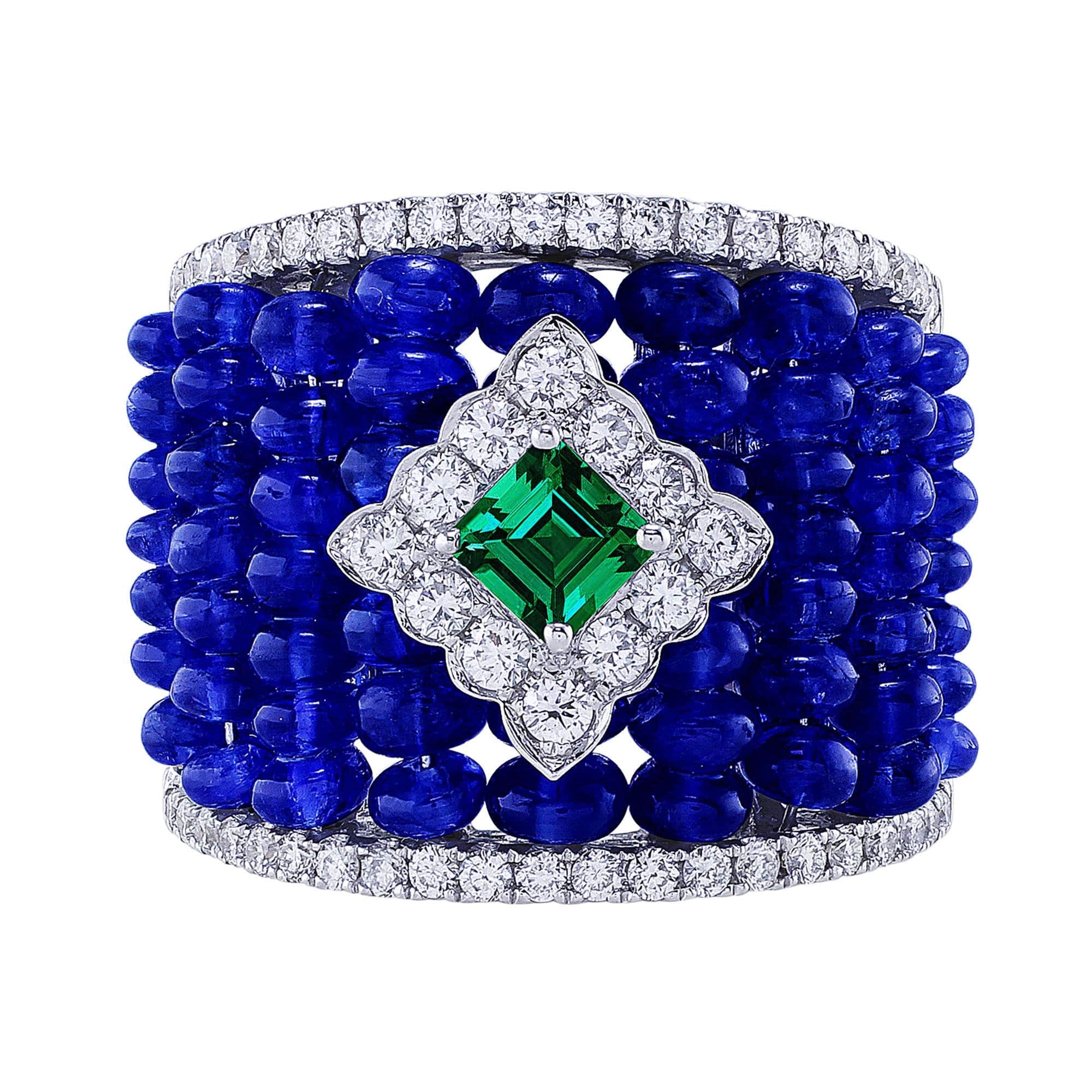 18K White Gold Wide Sapphire and Diamond Center Emerald Ring for Women - Elegant Wedding, Engagement, Anniversary Gift for Her