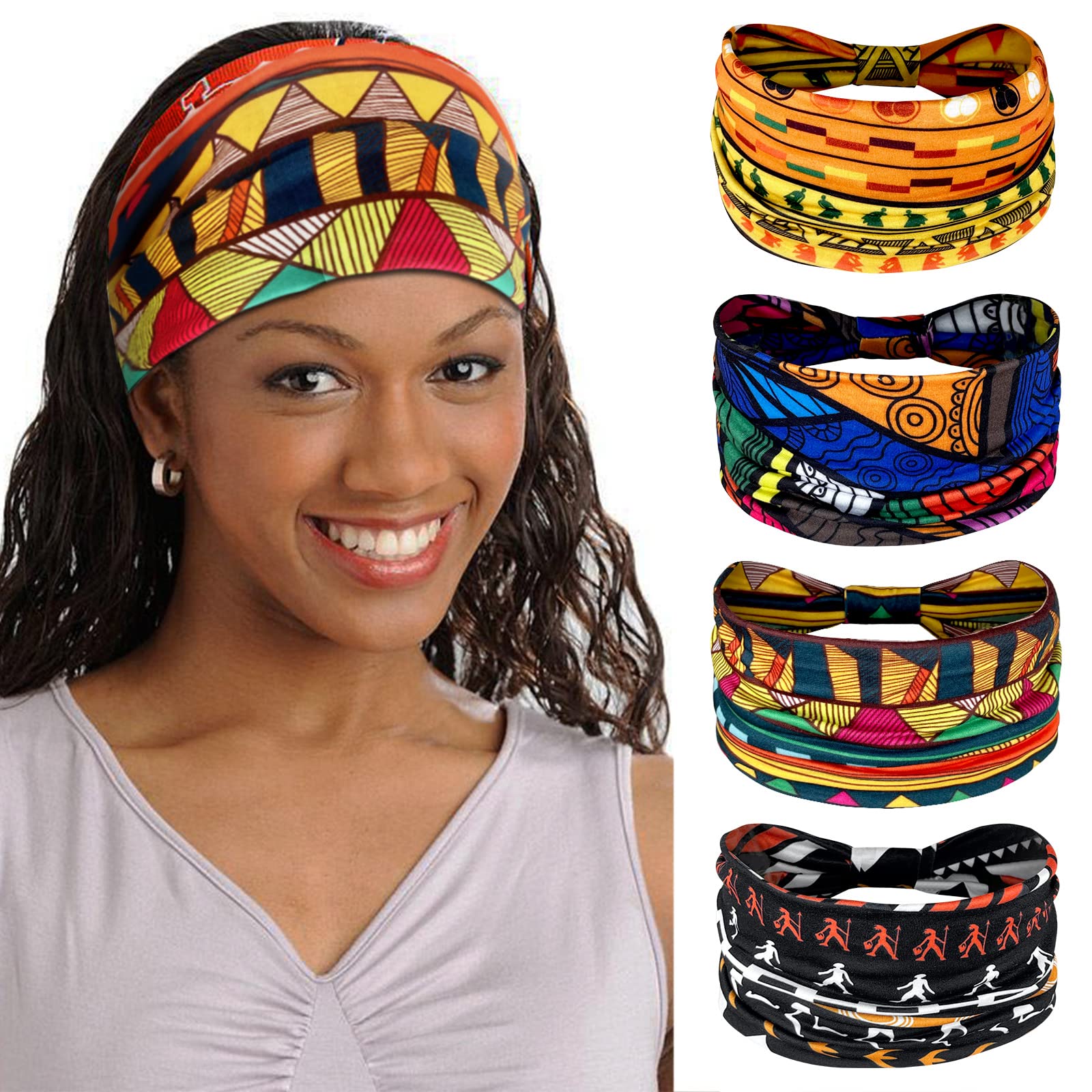 Kavya Wide Elastic Headbands for Women - 4 Pack Stretch Hair Bands for Adults, African American Hair Accessories - Perfect for Workouts, Yoga, and Everyday Styling