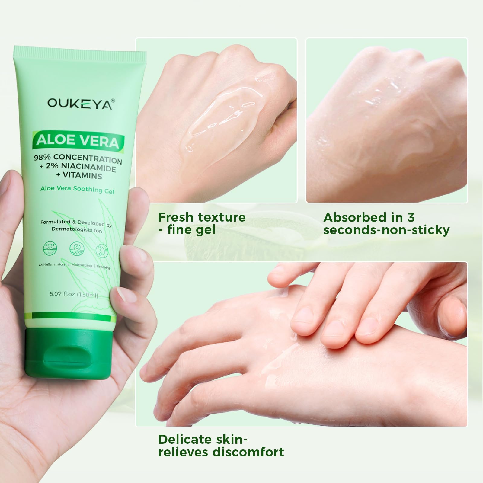 98% Pure Organic Aloe Vera Gel for Face & Body - Natural Hydrating Moisturizer for Sunburn Relief, Skincare & Hair Care - Soothes Razor Bumps & Scalp - 5.07 Fl Oz - Perfect for Post-Sun Care, Daily Hydration & Sensitive Skin Treatment