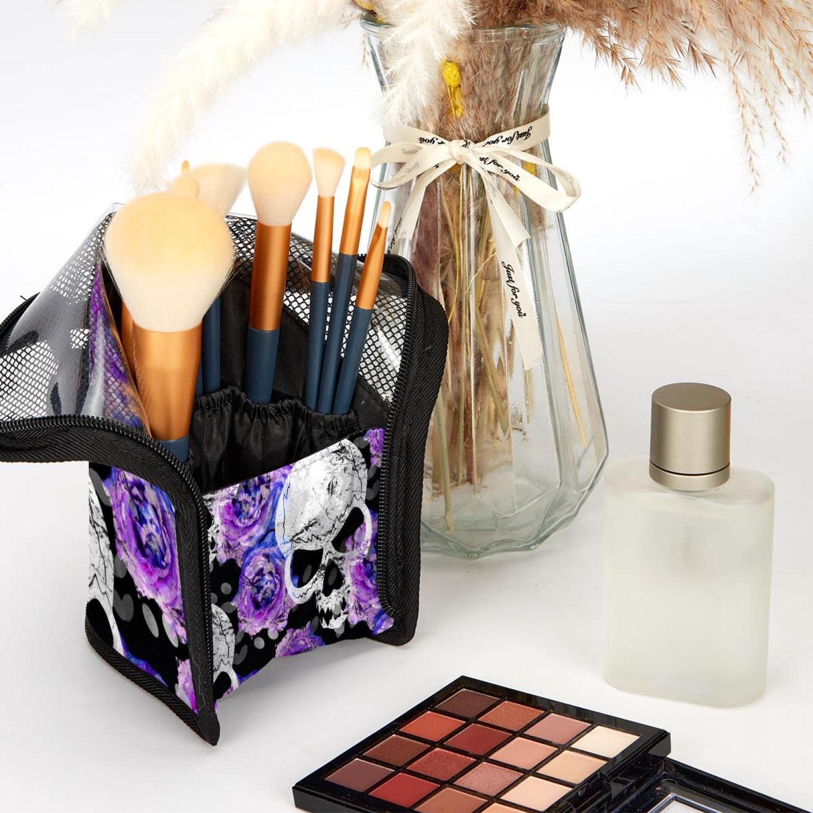12-Piece Makeup Brush Organizer Bag with Skull Roses Design - Portable Cosmetic Brush Holder Case for Travel & Home Storage - Purple Floral Makeup Brush Set for Professional & Everyday Use