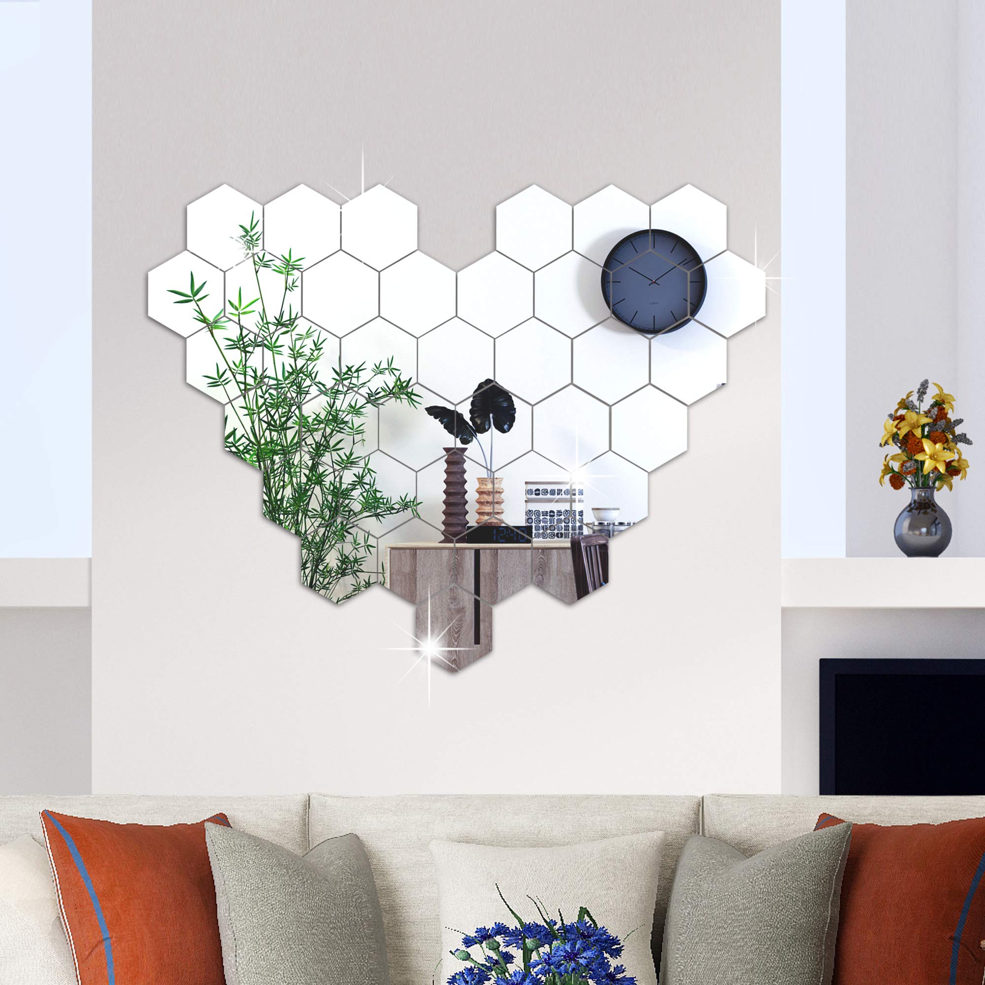 36PCS Removable Acrylic Mirror Wall Decals - Silver Hexagon Wall Stickers for DIY Home Decor | 3D Self-Adhesive Hexagonal Mirror Tiles | Perfect for Bedroom, Living Room, Bathroom & Sitting Room Wall Art Decoration