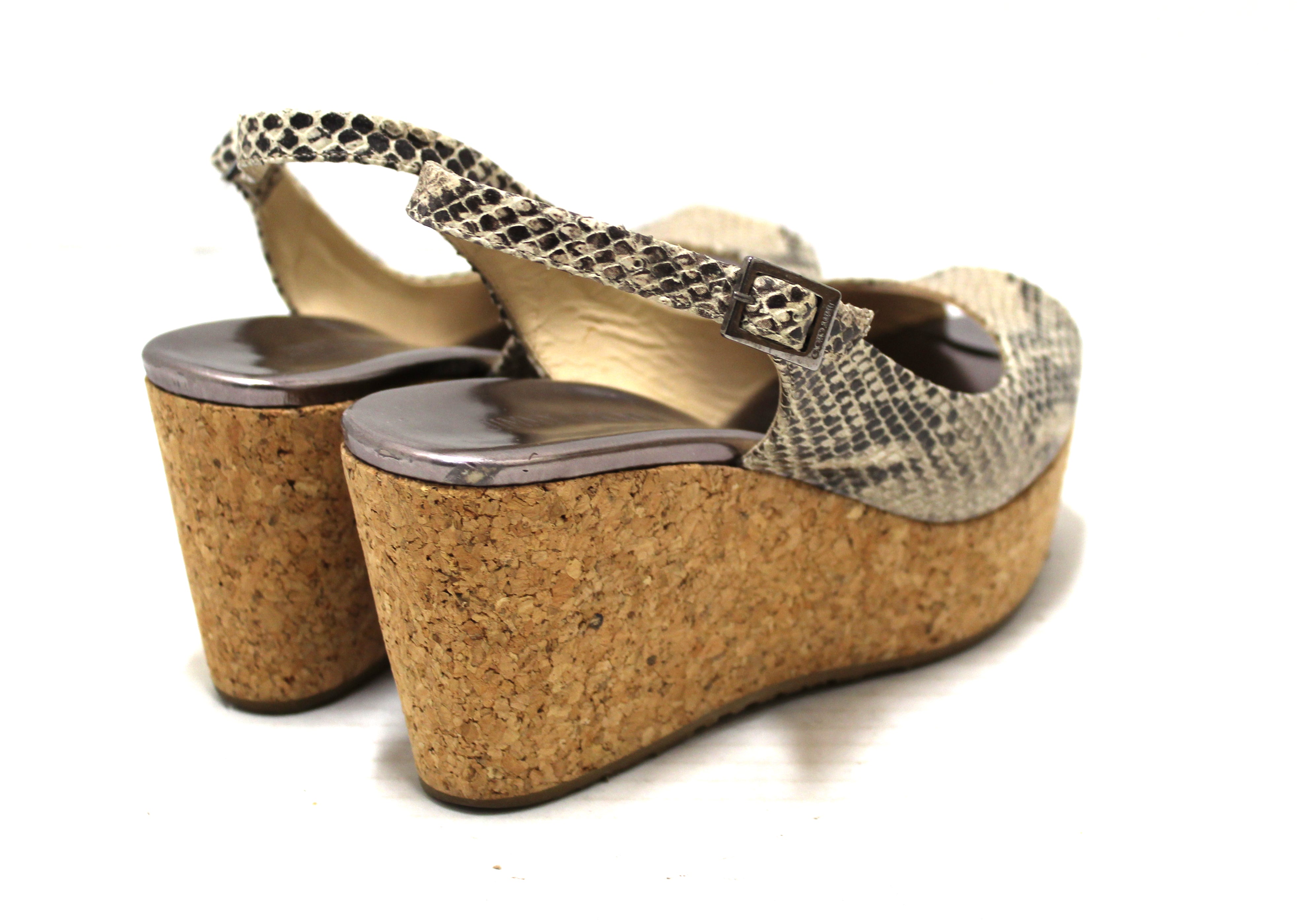 Authentic Jimmy Choo Snake Embossed Leather Cork Wedge Heel Sandals - Women's Size 37 (US 7) - Perfect for Weddings, Parties & Summer Outings