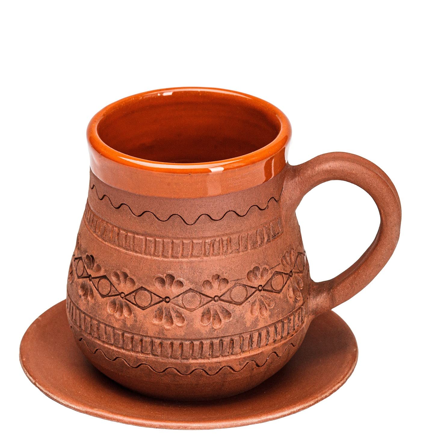 Handmade Nordic Ceramic Coffee Mug 10oz (300ml) - Stoneware Viking Style Cup with Saucer - Unglazed Clay for Coffee, Tea & Hot Drinks - Perfect for Home, Office & Cafe Use