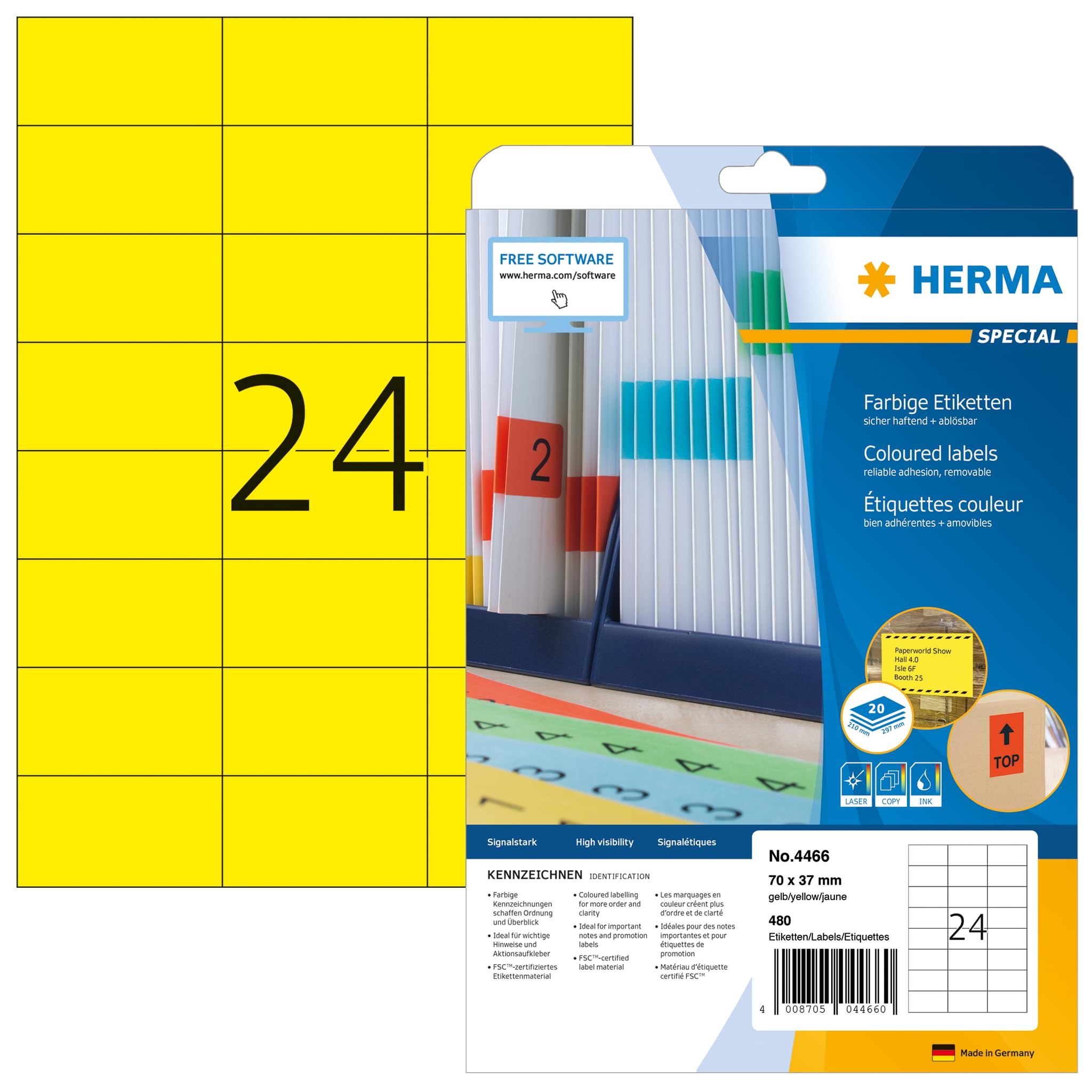 HERMA 4466 Self Adhesive Colored Labels - 480 Blank Removable Stickers (70x37mm, 24 Labels/Sheet, 20 Sheets) for Laser & Inkjet Printers - Yellow - Perfect for Office Organization, Mailing & Product Labeling