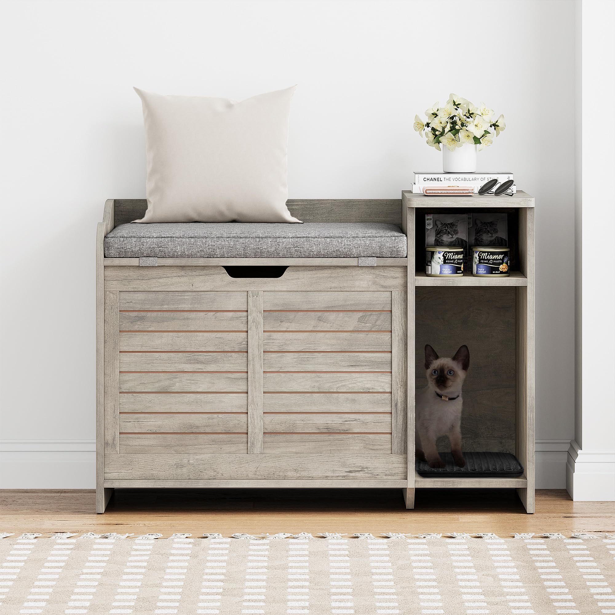 Modern Wooden Cat Litter Box Enclosure with Top Opening & Cushion - Hidden Litter Box Furniture Cabinet with Scratch Pad, Doubles as Nightstand or Side Table - Perfect for Small Spaces & Discreet Cat Bathroom Solutions