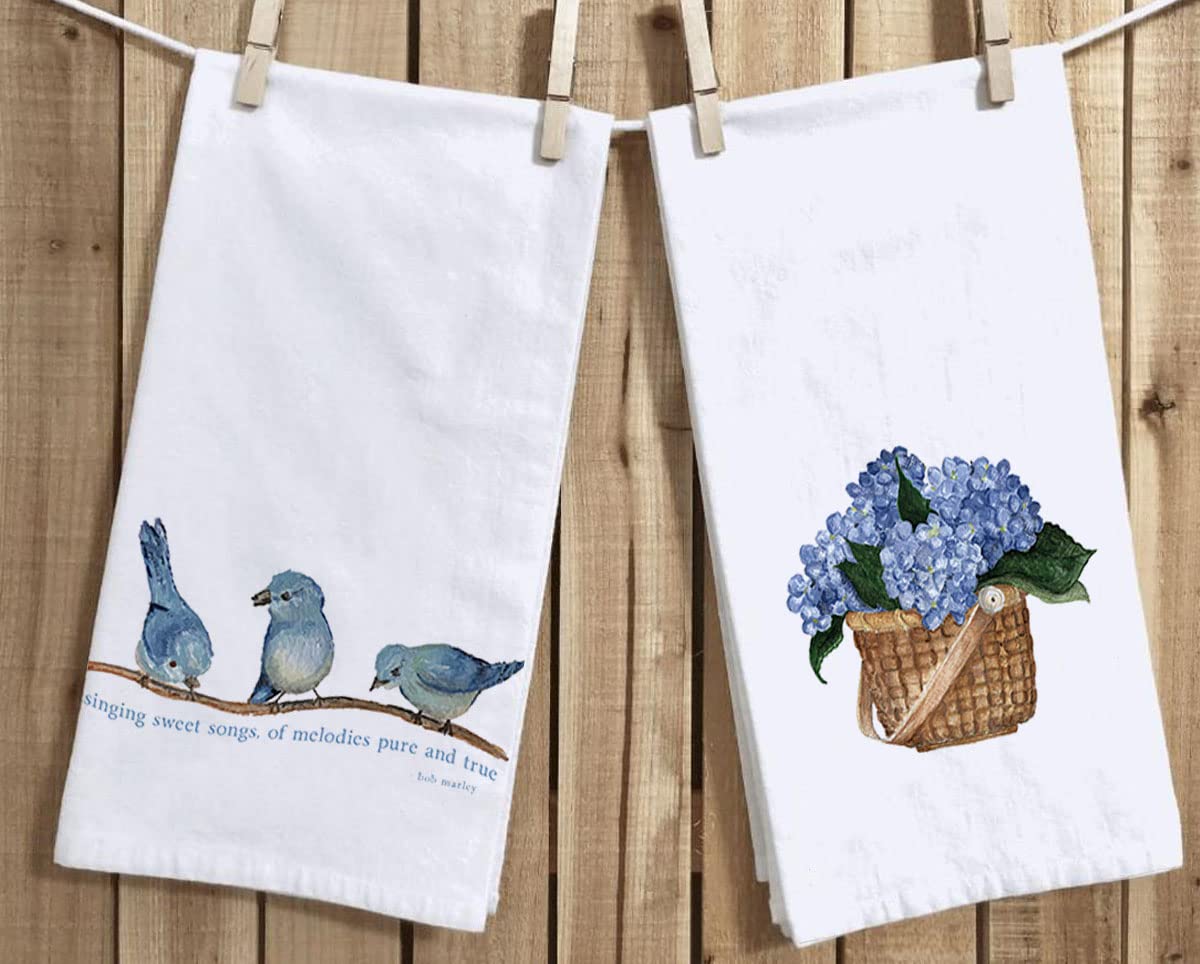 Blue Birds & Hydrangea Floral Kitchen Dish Towels Set of 2 - 18