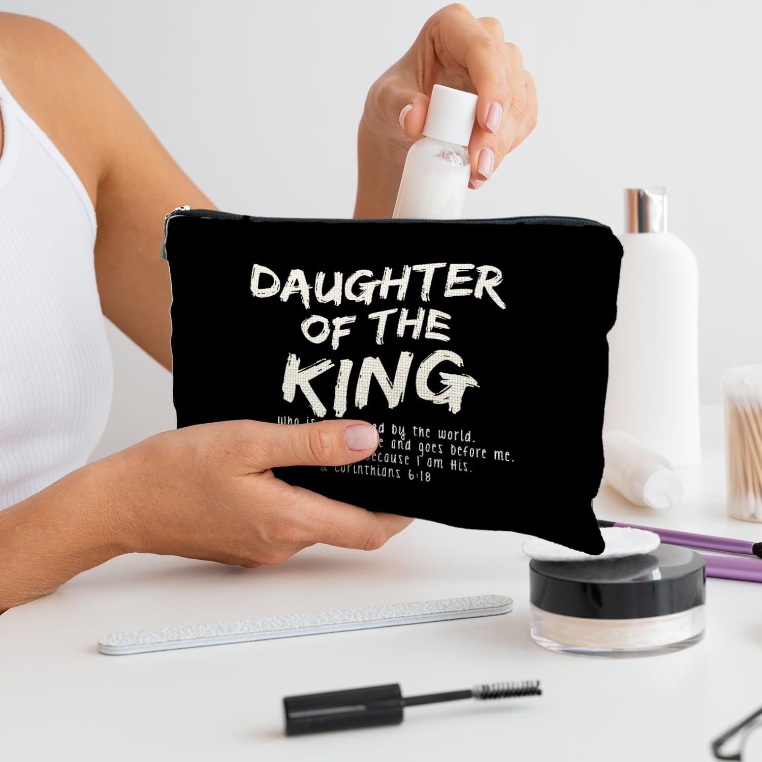 Christian Makeup Bag - Bible Verse Cosmetic Pouch for Women & Girls (Black) - Inspirational Faith Gift
