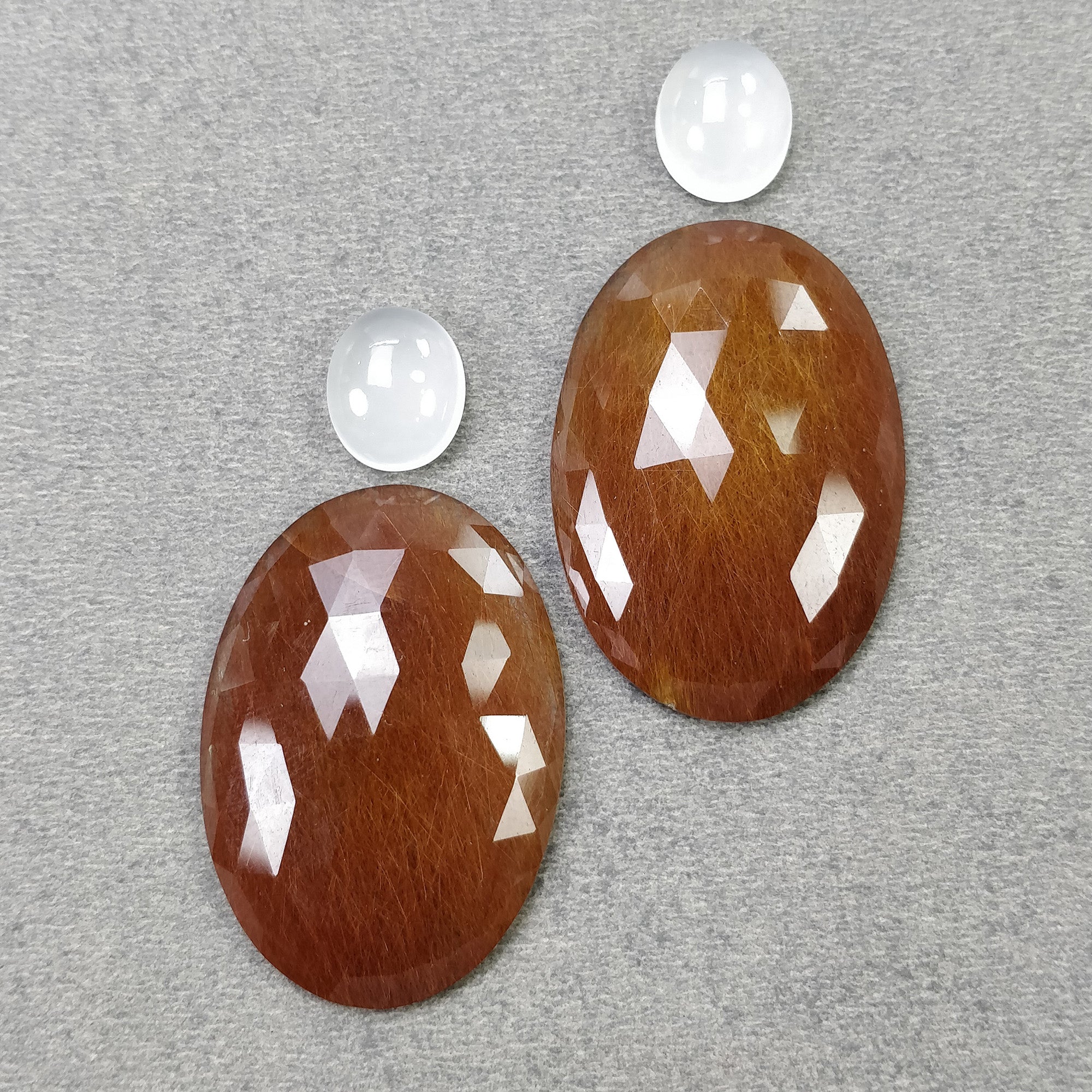 Natural Brown Rutile Quartz Moonstone Gemstone Cabochon & Rose Cut - 89.85cts Untreated Oval Shape (37x26mm) + 4pcs (12x10mm) for Jewelry Making, Healing Crystals & Spiritual Collection