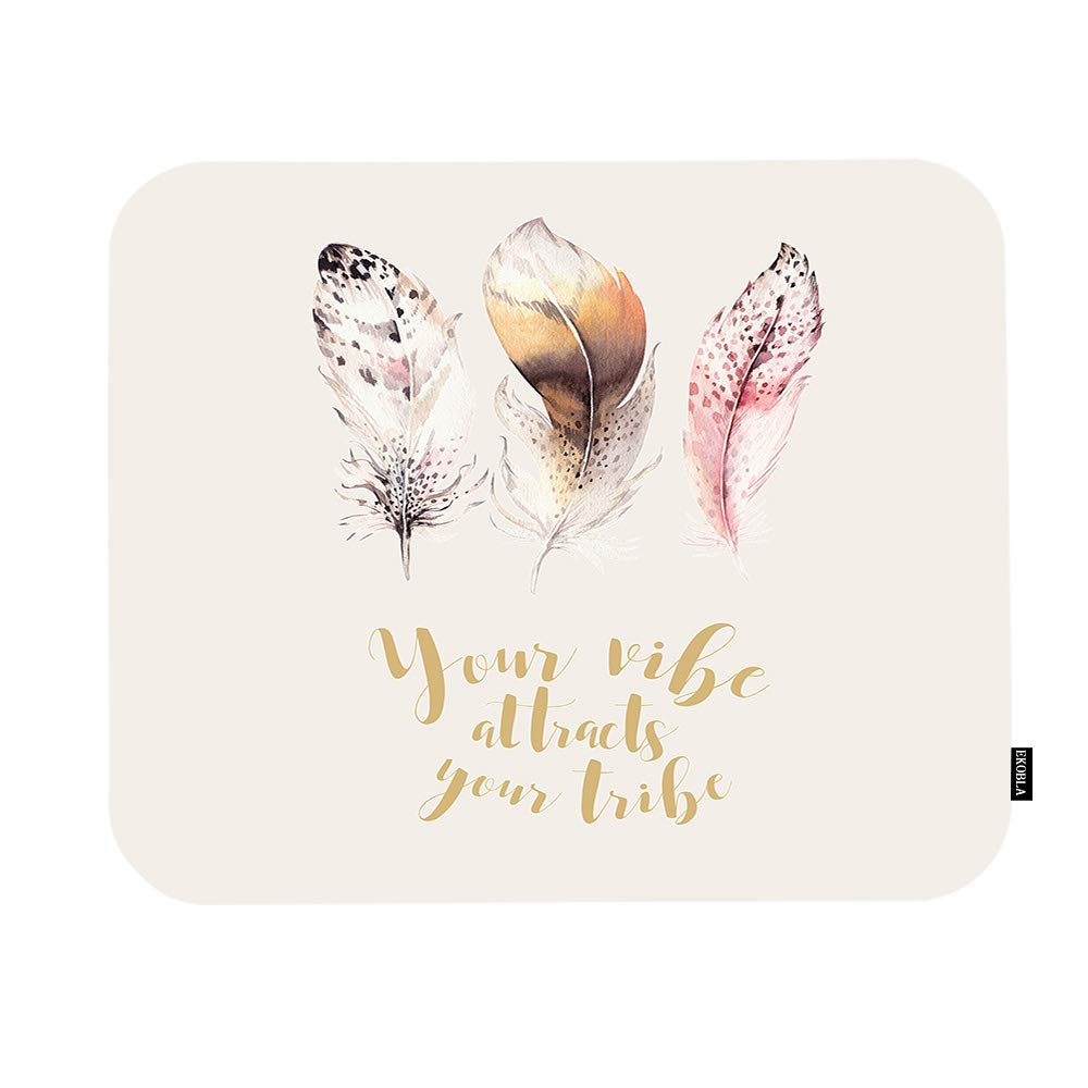 EKOBLA Hand-Drawn Boho Tribal Mouse Pad - Non-Slip Rubber Base Gaming Mousepad for PC & Laptop (9.5x7.9 Inch) - Feather Design with Funny Quote in Bright Colors | Perfect for Office, Home & Gaming Setup