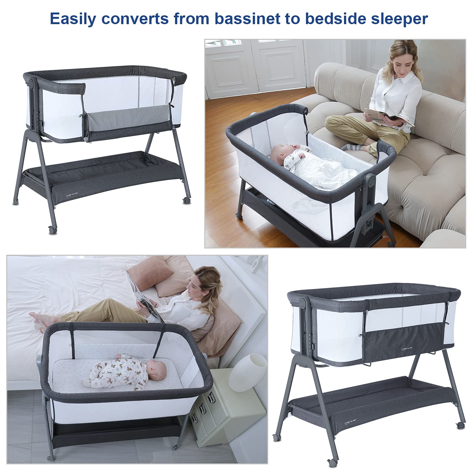 **ANGELBLISS Baby Bassinet Bedside Crib with Storage Basket & Wheels - Adjustable Height, Portable & Foldable Newborn Sleeper for Nursery, Travel & Co-Sleeping**