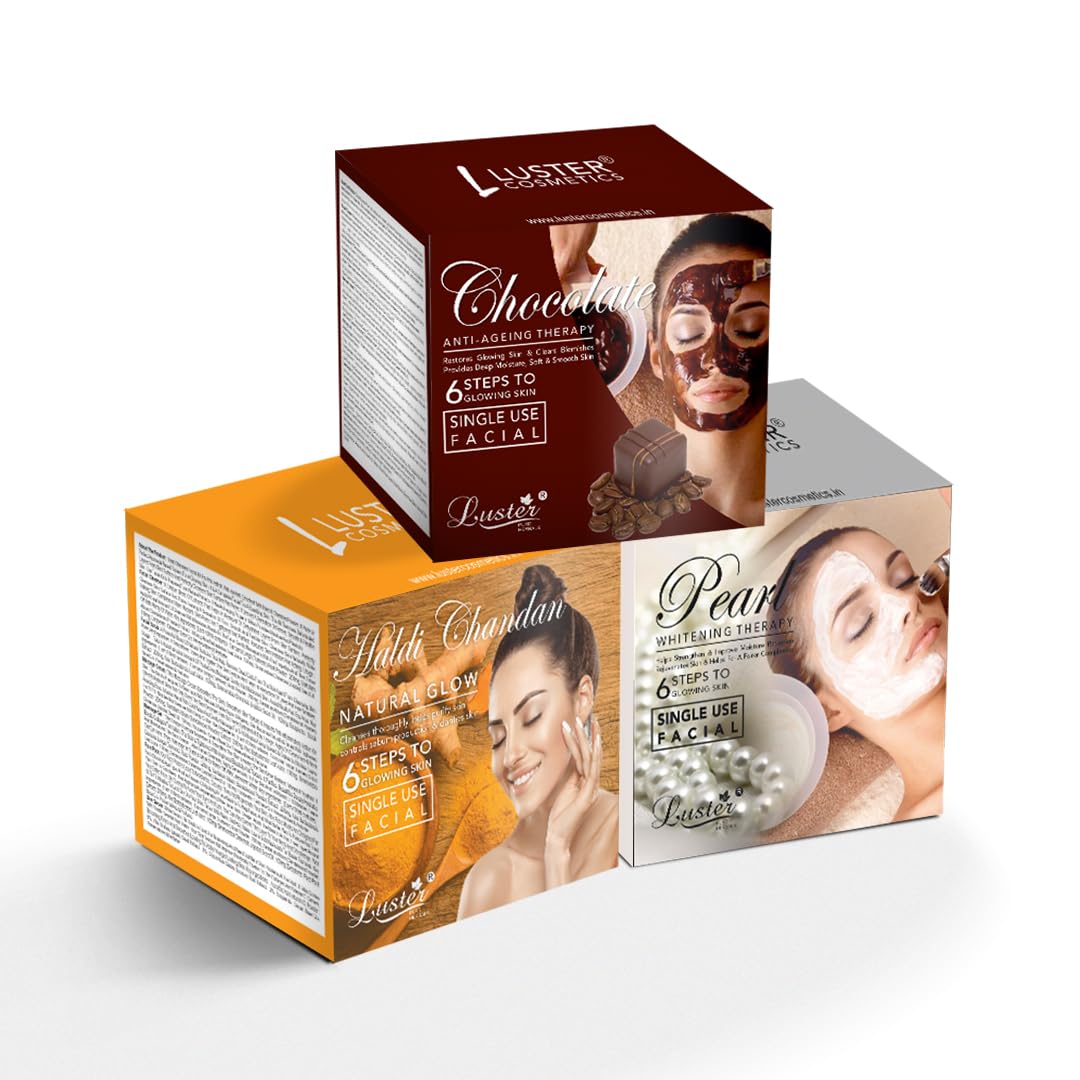 Luster Chocolate & Haldi Chandan & White Pearl Facial Kit - 6 Step Mini Facial Kit for Women & Men | Paraben & Sulfate Free (40g Each) | Perfect for Travel, Spa Days & Quick Skin Refresh