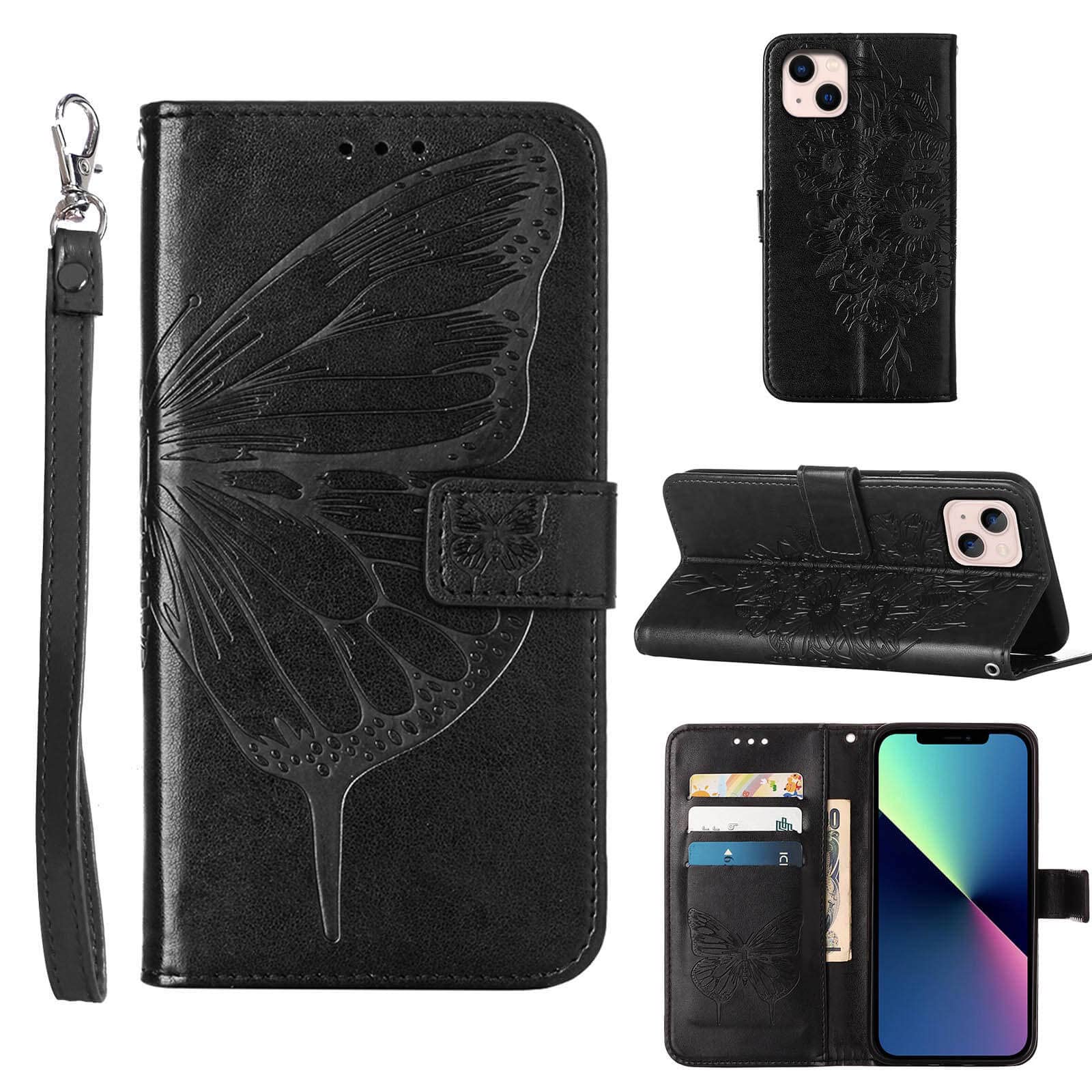 Butterfly Floral Embossed Leather Wallet Case for iPhone 13/14 - Protective Flip Cover with Wrist Strap, Card Holder Slots & Stand Feature (Black) | Perfect for Everyday Use, Travel & Hands-Free Viewing