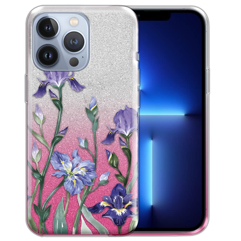 Shiny Sparkling Silver Pink Gradient Glitter TPU Case for iPhone 13 Pro Max (6.7 inch) - Durable Protective Cover with Iridescent Flowers Design | Perfect for Parties, Weddings & Special Occasions