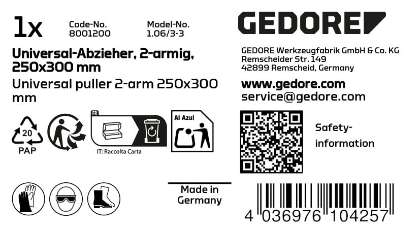 GEDORE 1.06/3-3 Universal Puller - 2-Arm Gear Puller Tool (250x300mm) for Automotive Repair, Bearing Removal & Mechanical Maintenance