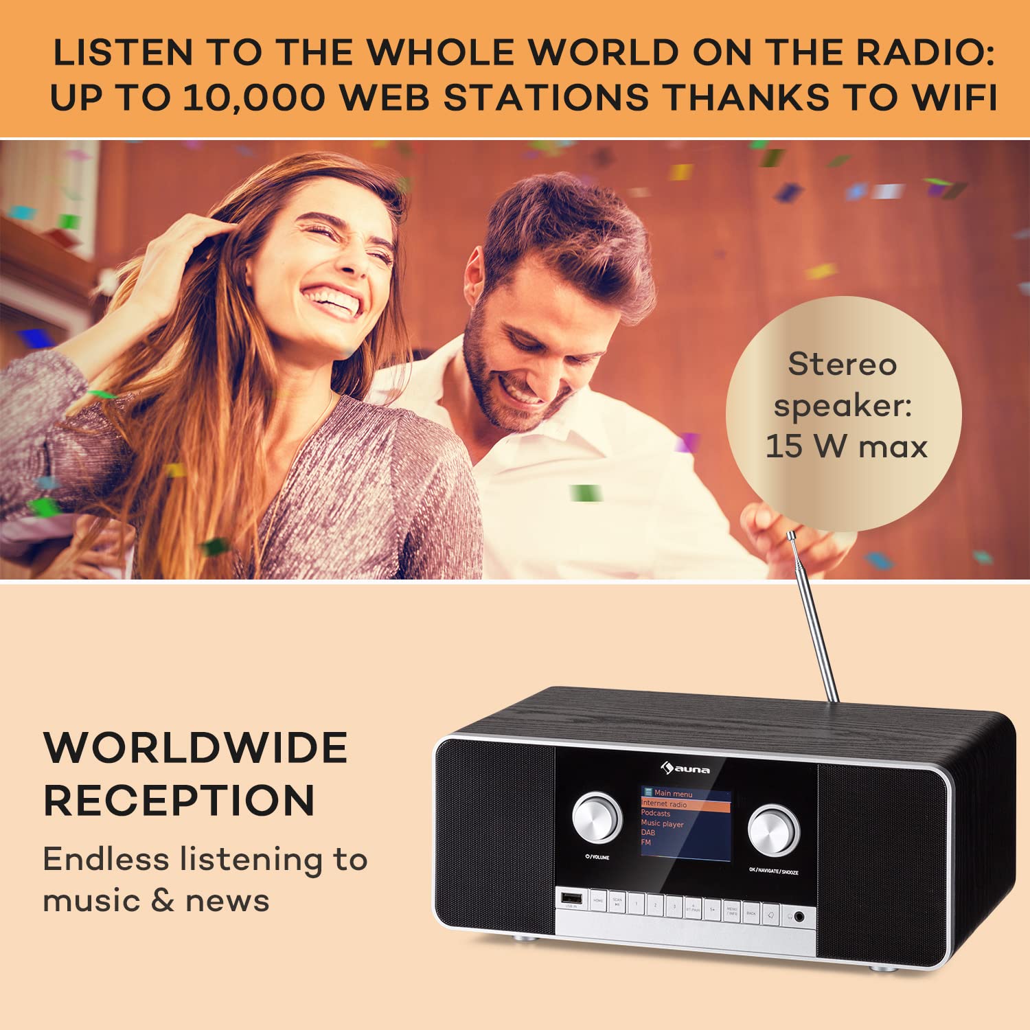 Portable Rechargeable DAB Radio with Bluetooth 5.0 | DAB/DAB+/FM Digital Radio | 15W Stereo Speakers & TFT Display | Streaming Support & Alarm Clock | 5h Battery Life | Perfect for Bedroom, Kitchen, Office & Outdoor Use