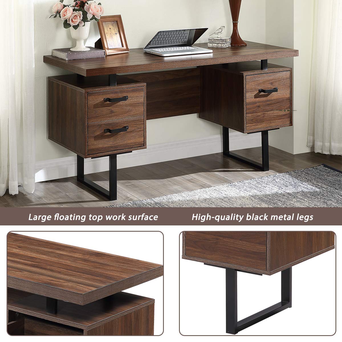 Modern Home Office Desk with Drawers - Ergonomic Writing Study Table for Small Spaces, Work from Home & Remote Learning - Stylish Wooden Computer Desk for Bedroom, Apartment or Dorm Room