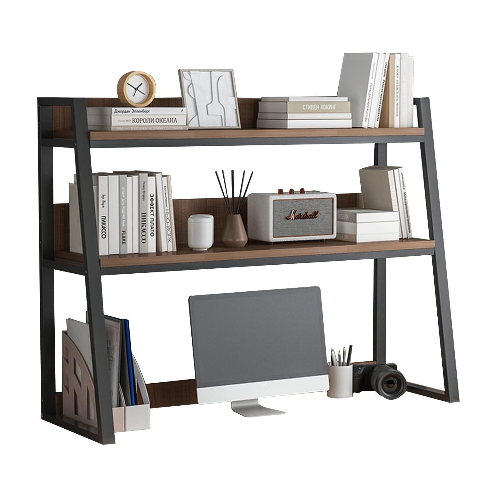 Solid Wood Computer Desk with Bookcase - Wooden & Metal Printer Stand, Office Organizer & Storage Shelf for Home Office, Study, or Workspace (95x32x32 Inches) - Perfect for Laptops, Books, and Office Supplies