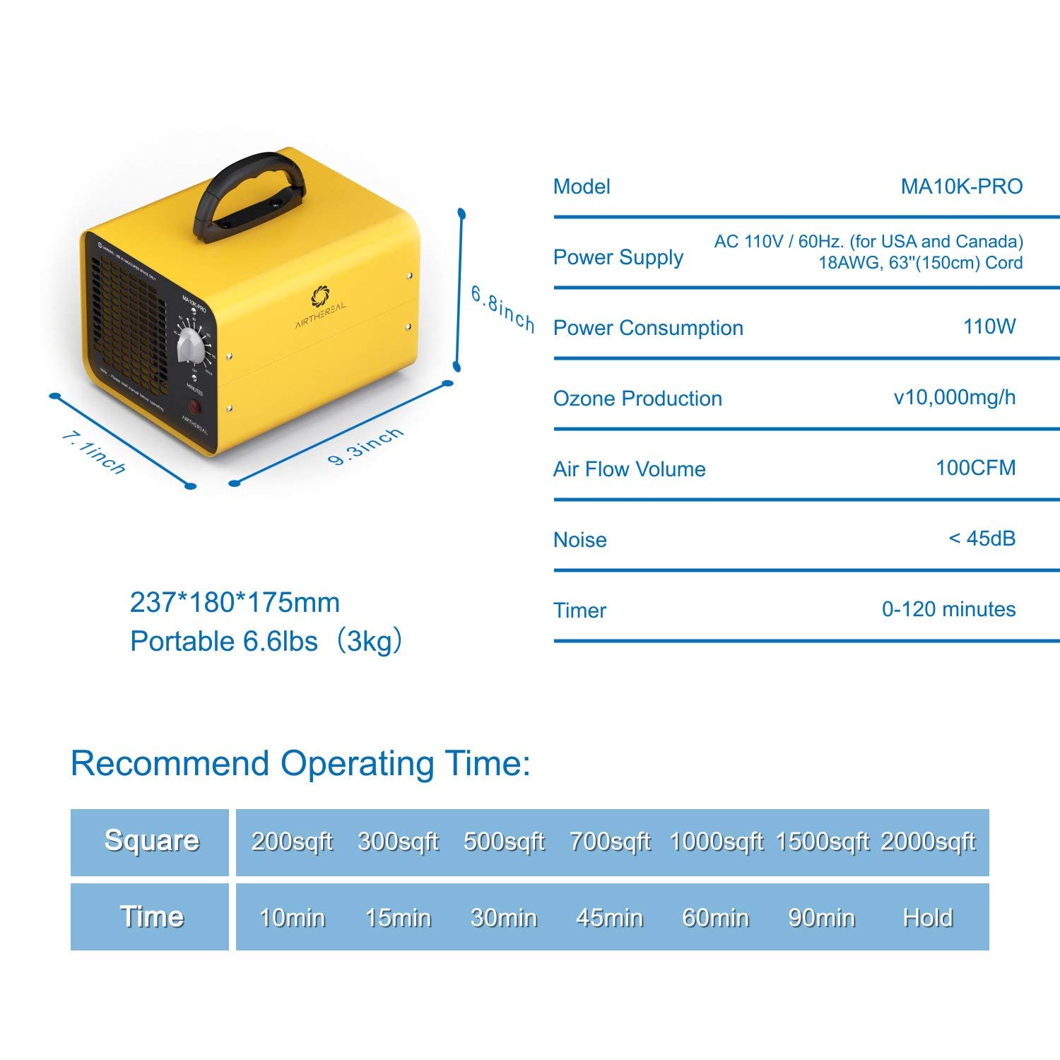 Airthereal MA10K-PRO 10000mg/h Ozone Generator - High Capacity O3 Machine for Home, Car & Office - Eliminates Odors, Smoke & Allergens - Air Purifier & Ionizer for Fresh Clean Air (Yellow)