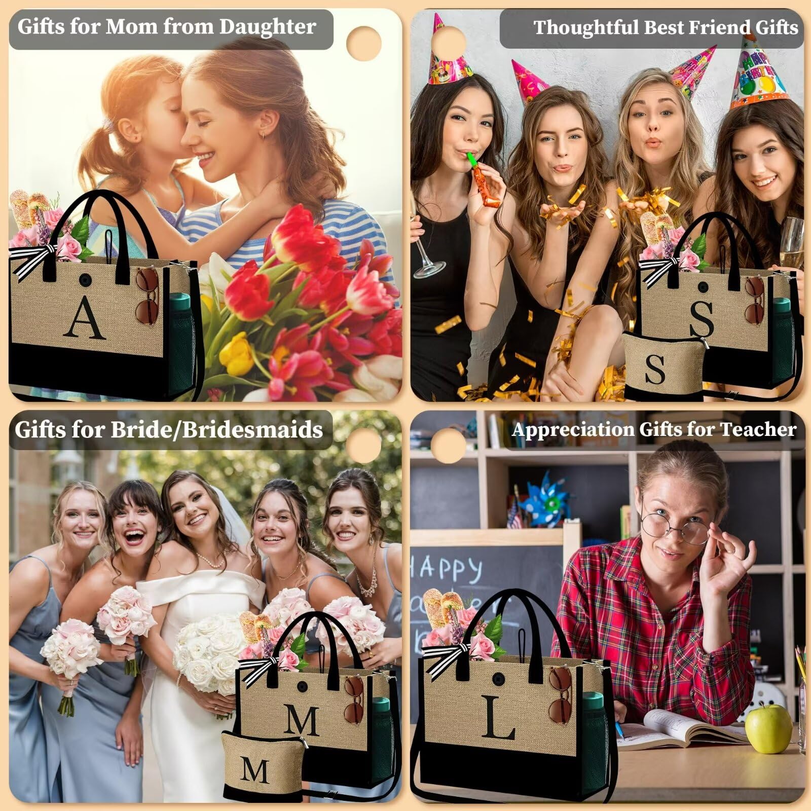 YOOLIFE Personalized Initial Beach Tote Bag & Makeup Bag Set - Best Valentine's Day, Birthday Gifts for Women, Mom, Friends - Perfect for Beach Trips, Travel & Daily Use