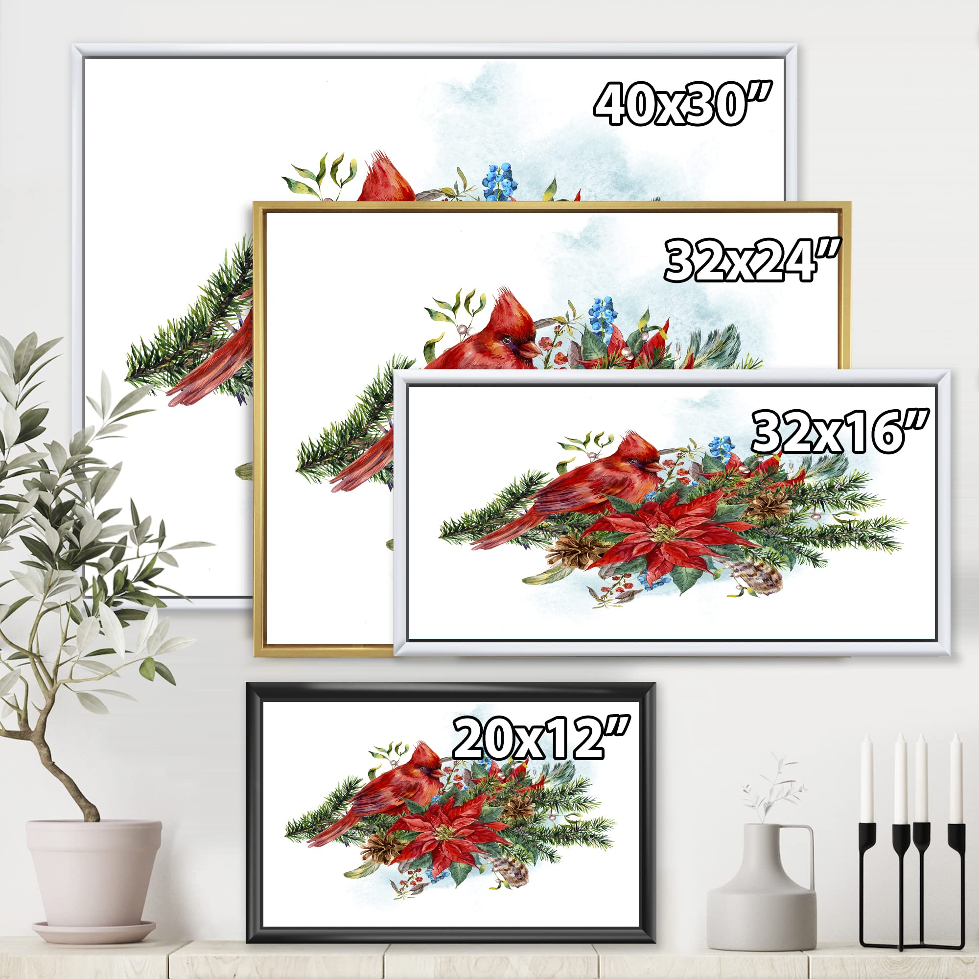 DesignQ Christmas Poinsettia and Red Cardinal Bird Framed Canvas Wall Art - Traditional Holiday Home Decor for Living Room, Bedroom & Office