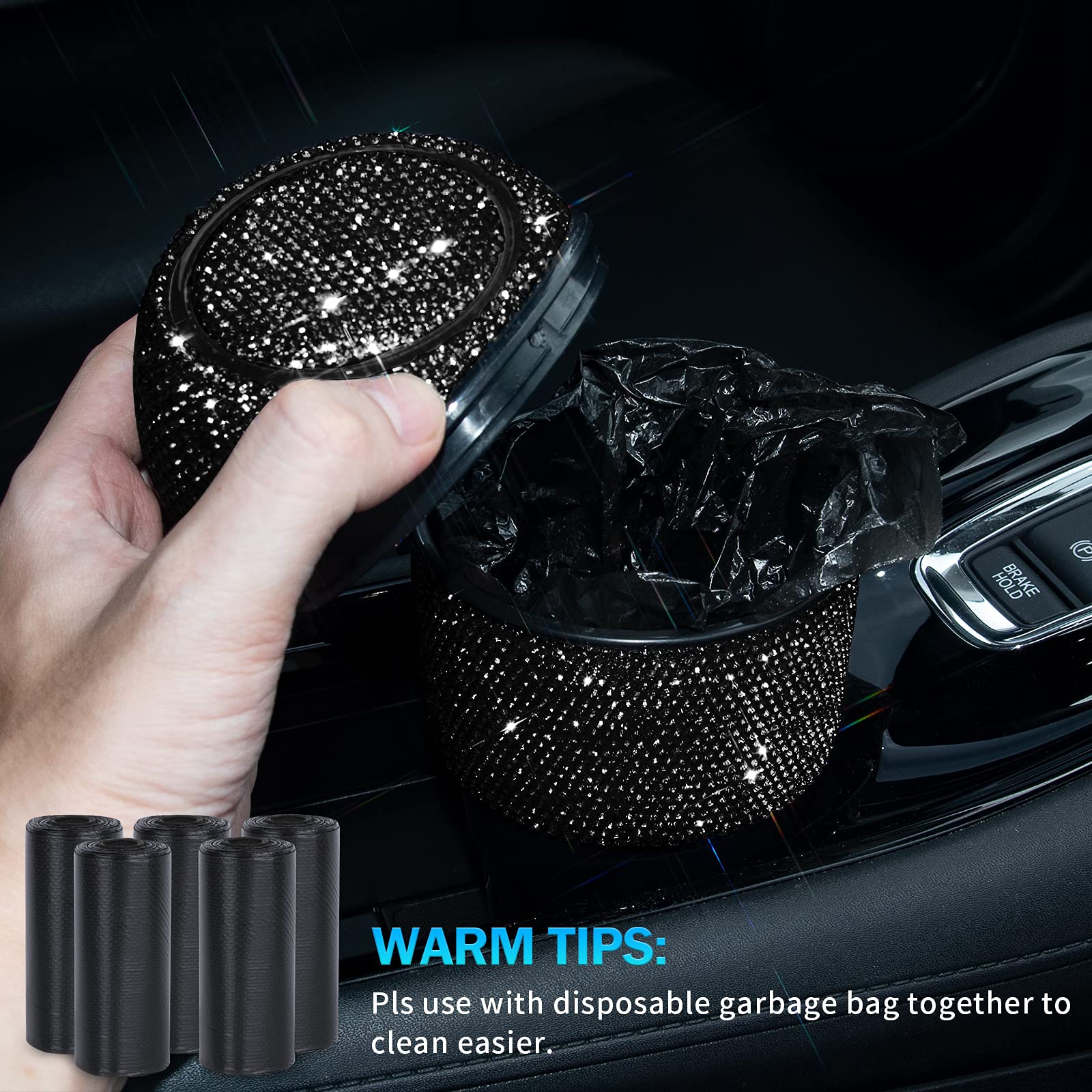 Bling Crystal Car Trash Can with Lid - Mini Auto Garbage Bin for Car, Office & Home - 5 Pack Disposable Bags Included - Perfect for Women's Vehicles, Cup Holder & Small Space Organization (Black)