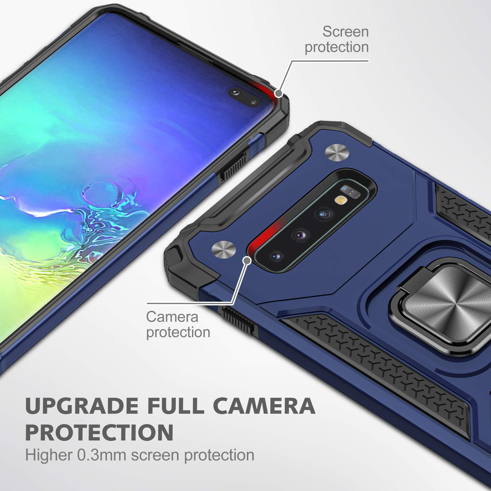 ASUWISH Samsung Galaxy S10 Plus Case with Tempered Glass Screen Protector & Ring Holder Stand - Shockproof Protective Cover for Galaxy S10+/10S/10 Plus (6.4 Inch) - Blue Phone Case for Men & Women - Perfect for Work, Travel and Everyday Use