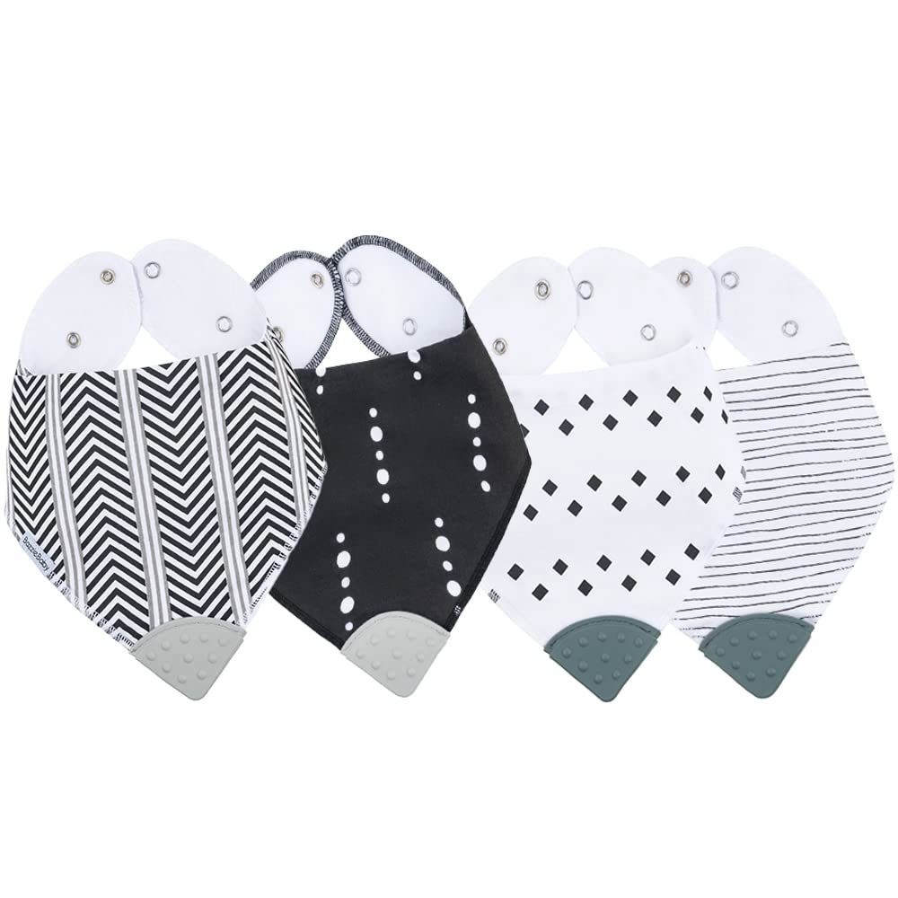 Bazzle Baby Bandana Teething Bibs 4-Pack – Soft Cotton Drool Bibs for Boys & Girls with Silicone Teether for Teething Relief, Adjustable & Absorbent Baby Bibs for Drooling (Gray & White) – Perfect for Feeding, Playtime & Daily Outfits