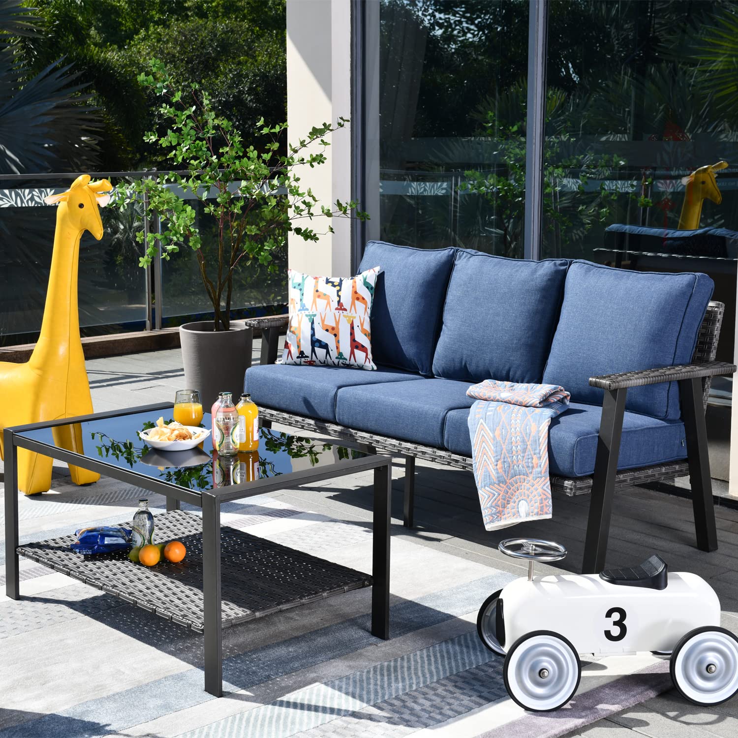 Premium All-Weather Wicker Patio Furniture Set - Outdoor Rattan Sofa with Coffee Table & High Back Couch for Garden, Porch, Yard - Durable & Weather-Resistant (Denim Blue) - Perfect for Outdoor Entertaining & Relaxation