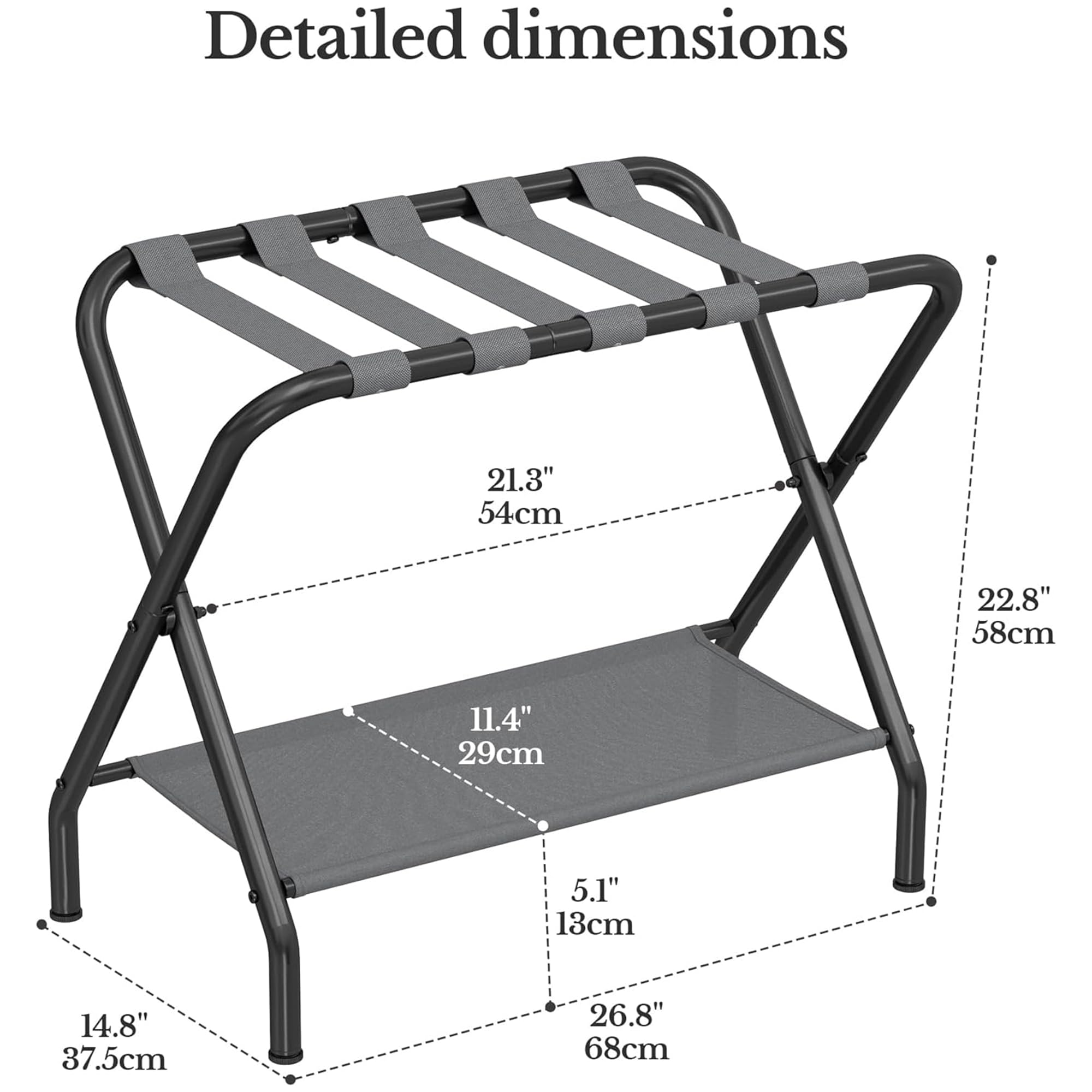Heavy Duty Folding Luggage Rack with Storage Shelf - Sturdy Steel Suitcase Stand for Bedroom, Guest Room & Hotel Use - Supports 110 lbs (27x15x23 Inches) - Perfect for Travel Storage & Space Saving Organization
