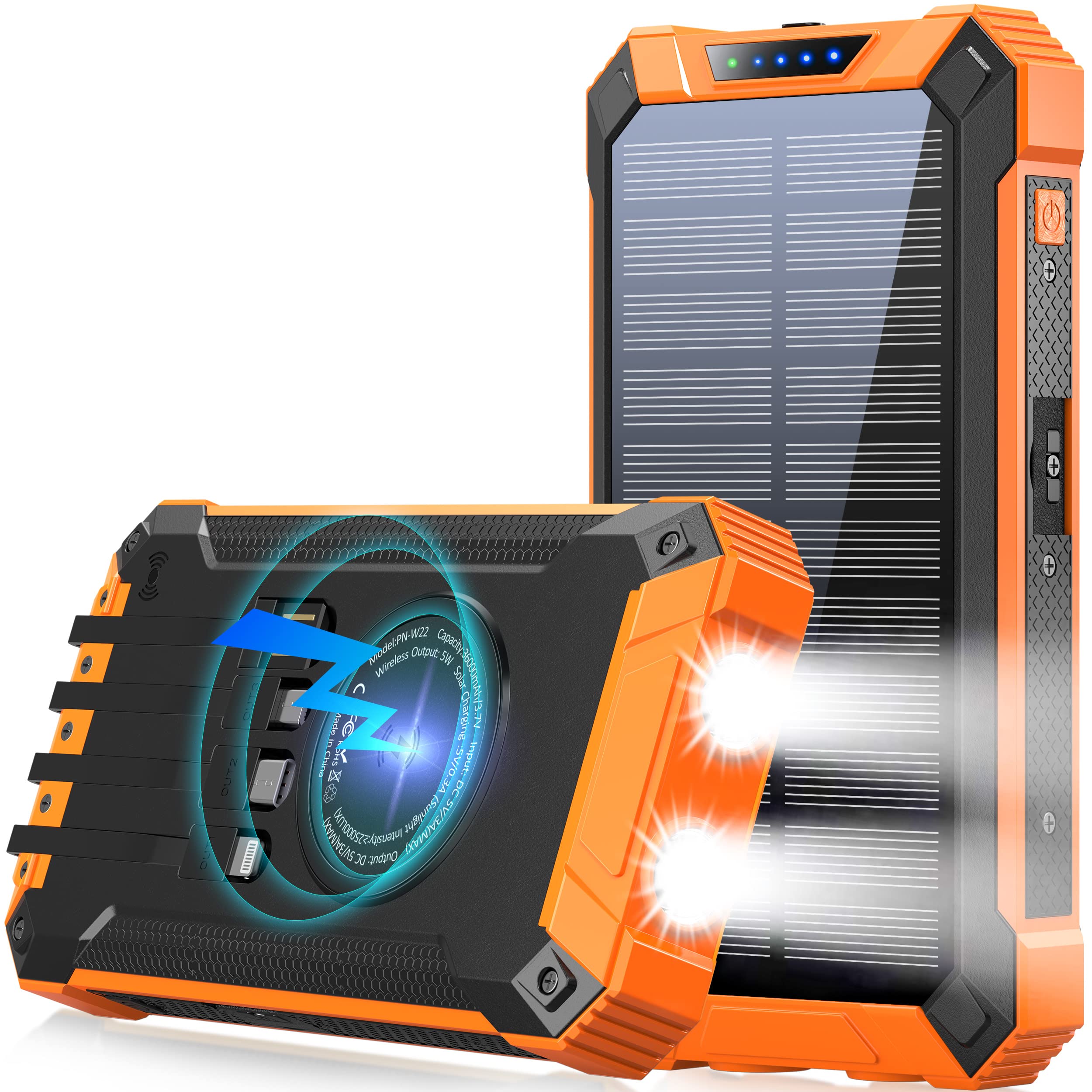 36000mAh Solar Power Bank with Wireless Charging - 15W Fast Portable Charger Built-in 4 Cables & 6 Outputs for iPhone, Samsung, Android Devices - Dual Flashlights & Carabiner for Camping, Travel, Emergency Power Backup