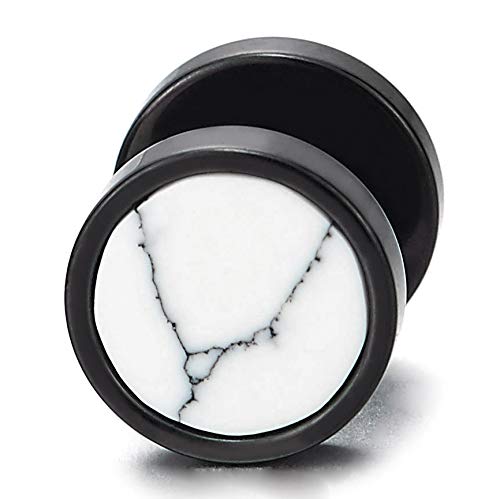 Black Circle Stud Earrings for Men & Women - Stainless Steel Fake Ear Plugs with White Marble Stone Design | Perfect for Everyday Wear, Parties & Alternative Fashion Styles
