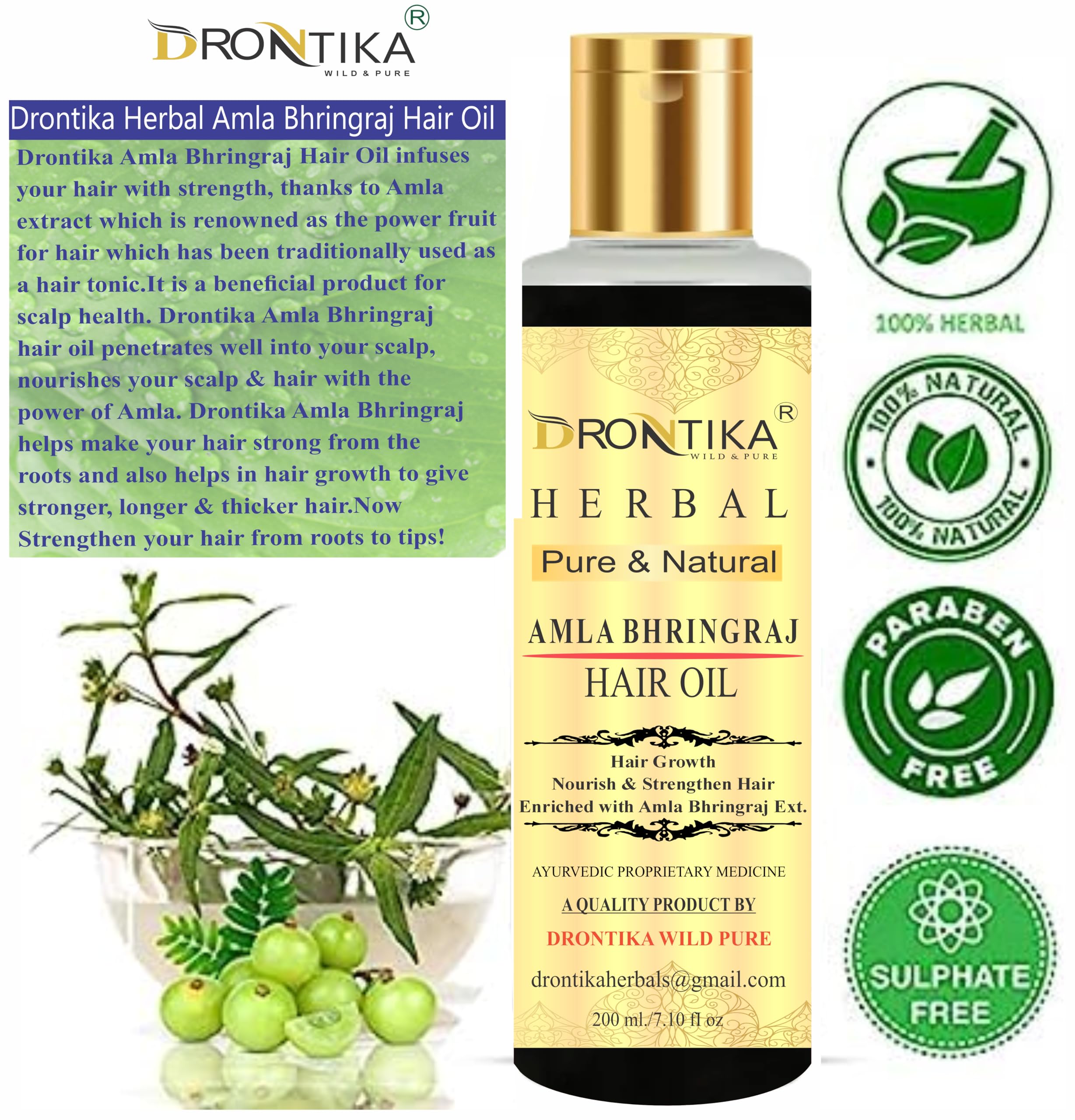 Drontika Amla & Bhringraj Oil - 200ml Ayurvedic Hair Oil for Strong & Long Hair Growth | Handmade Herbal Treatment with Natural Ingredients | Perfect for Daily Hair Care & Scalp Massage