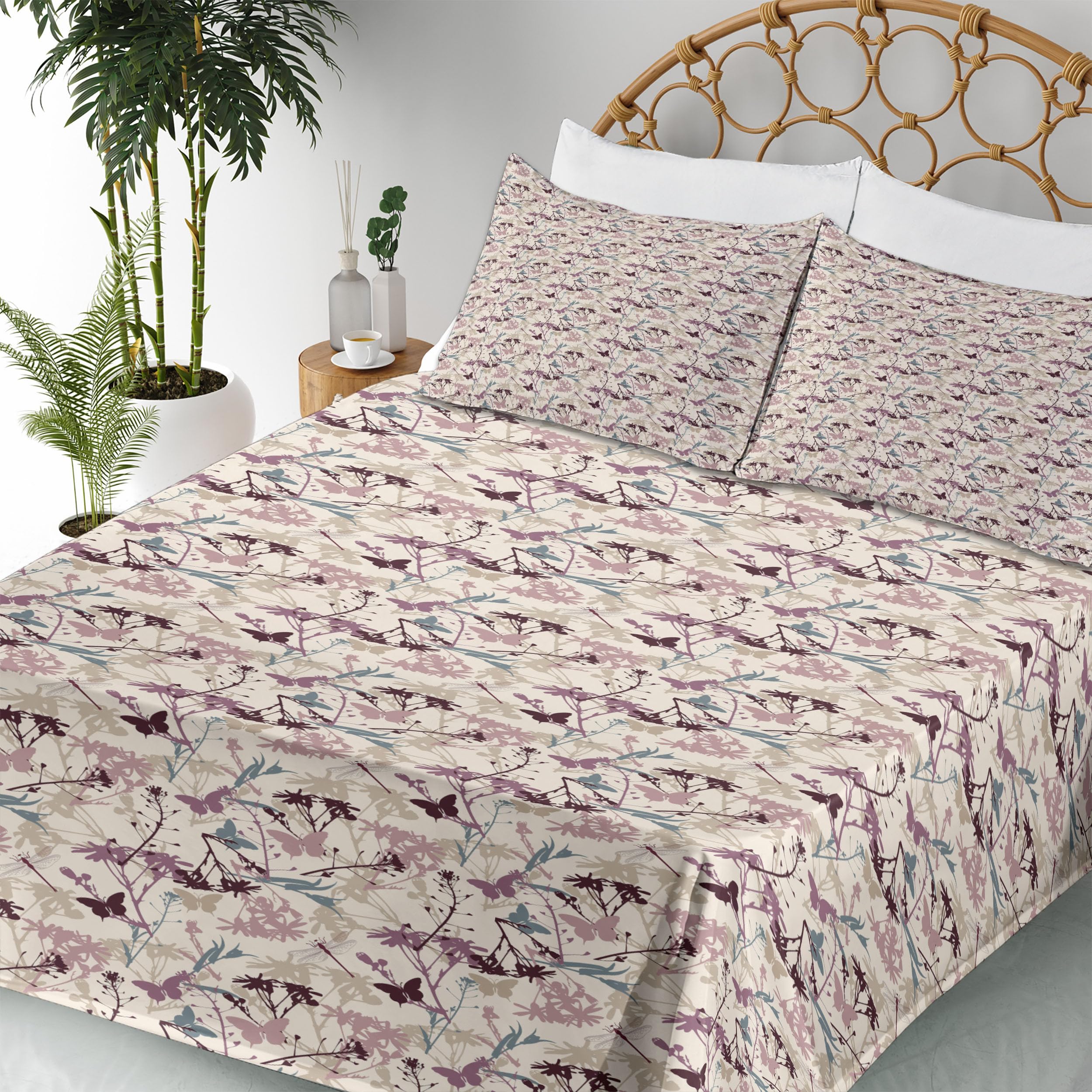 Ambesonne Floral Sheet Set 4-Piece King Size - Abstract Butterfly & Dragonfly Wildflowers Design, Teal Beige Mauve Bedding with Fitted Sheet, Flat Sheet & Pillowcases | Perfect for Guest Rooms, Master Bedrooms & Bohemian Home Decor