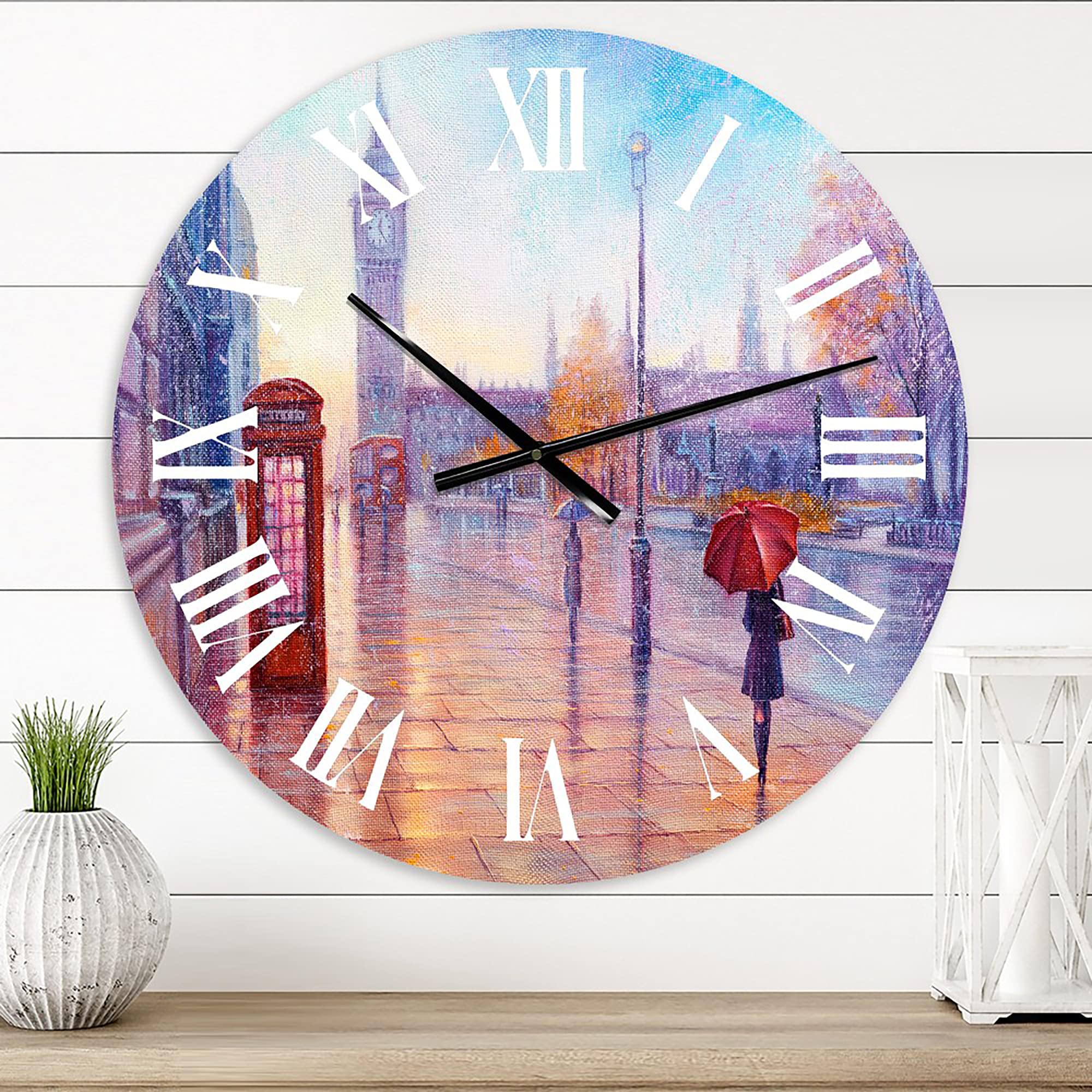 French Country Wall Clock - Big Ben & Red Umbrella Woman London Scene - Large Decorative Clock for Living Room, Bedroom, Office - Perfect Vintage Home Décor & Gift Idea